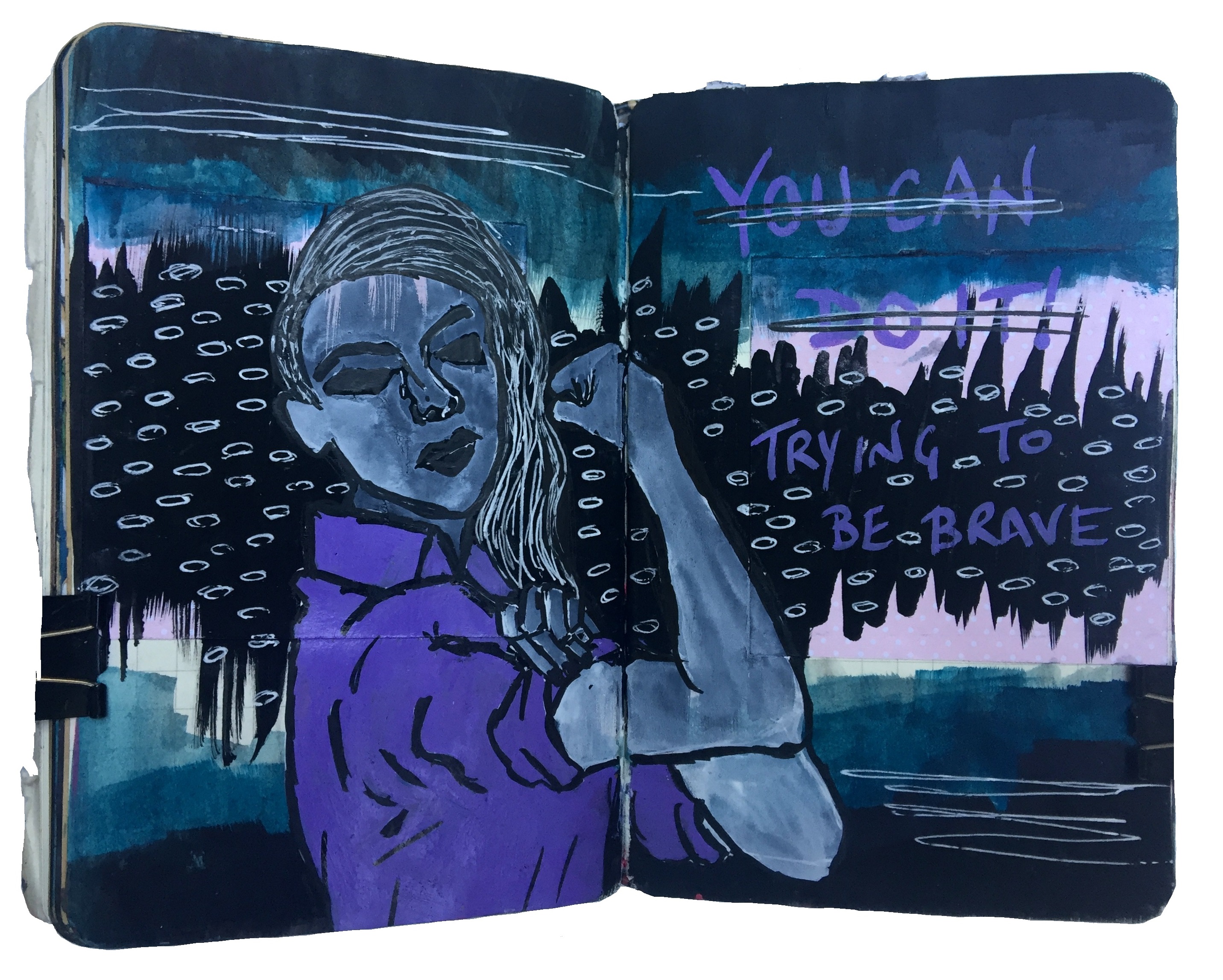 Days 146 and 180/365 of Year of Creative Habits. A mixed media art journal illustration of an alternative woman with a side cut doing the Rosie the Riveter pose with the words trying to be brave.