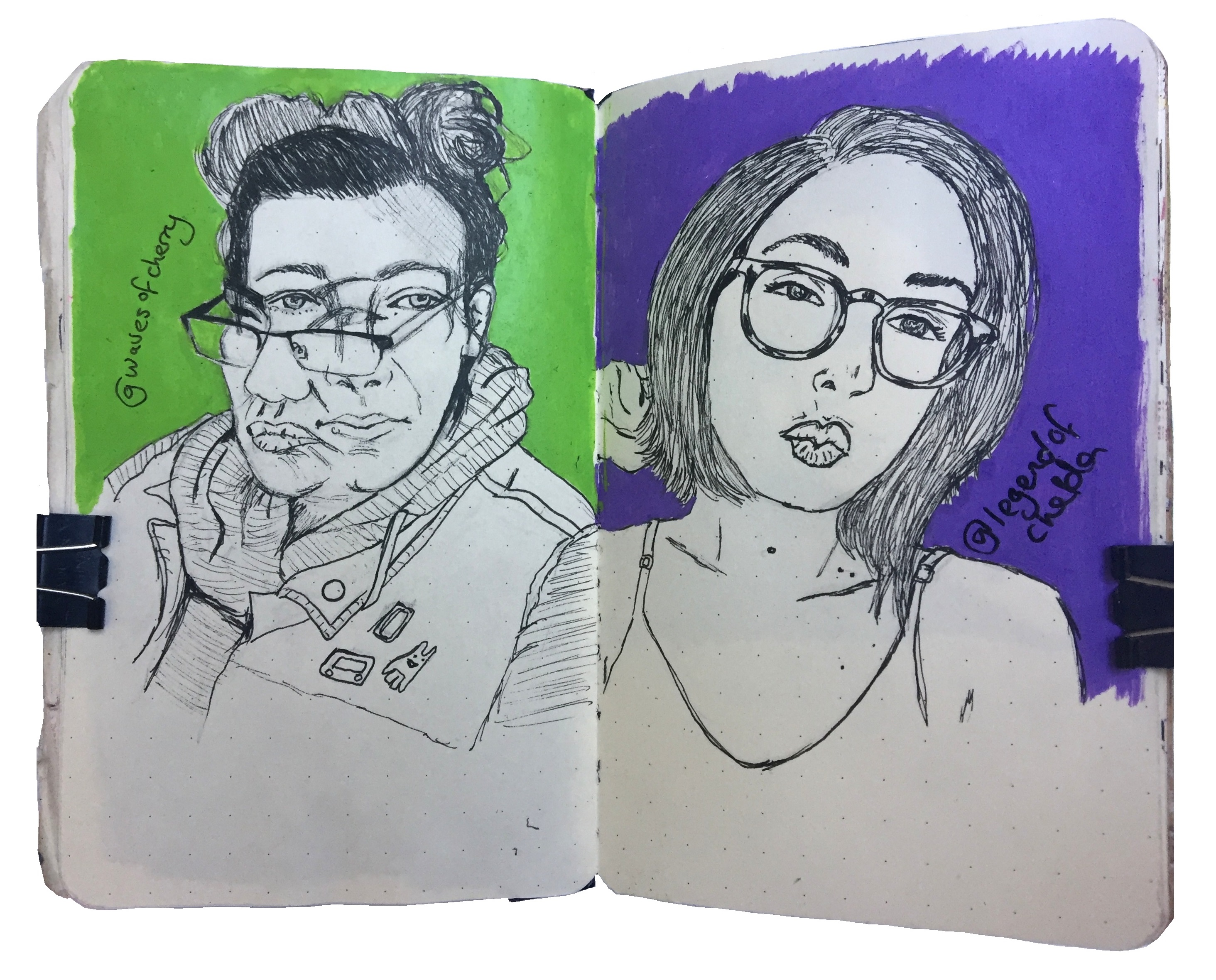 Mixed media art journal illustrations of Instagram followers.