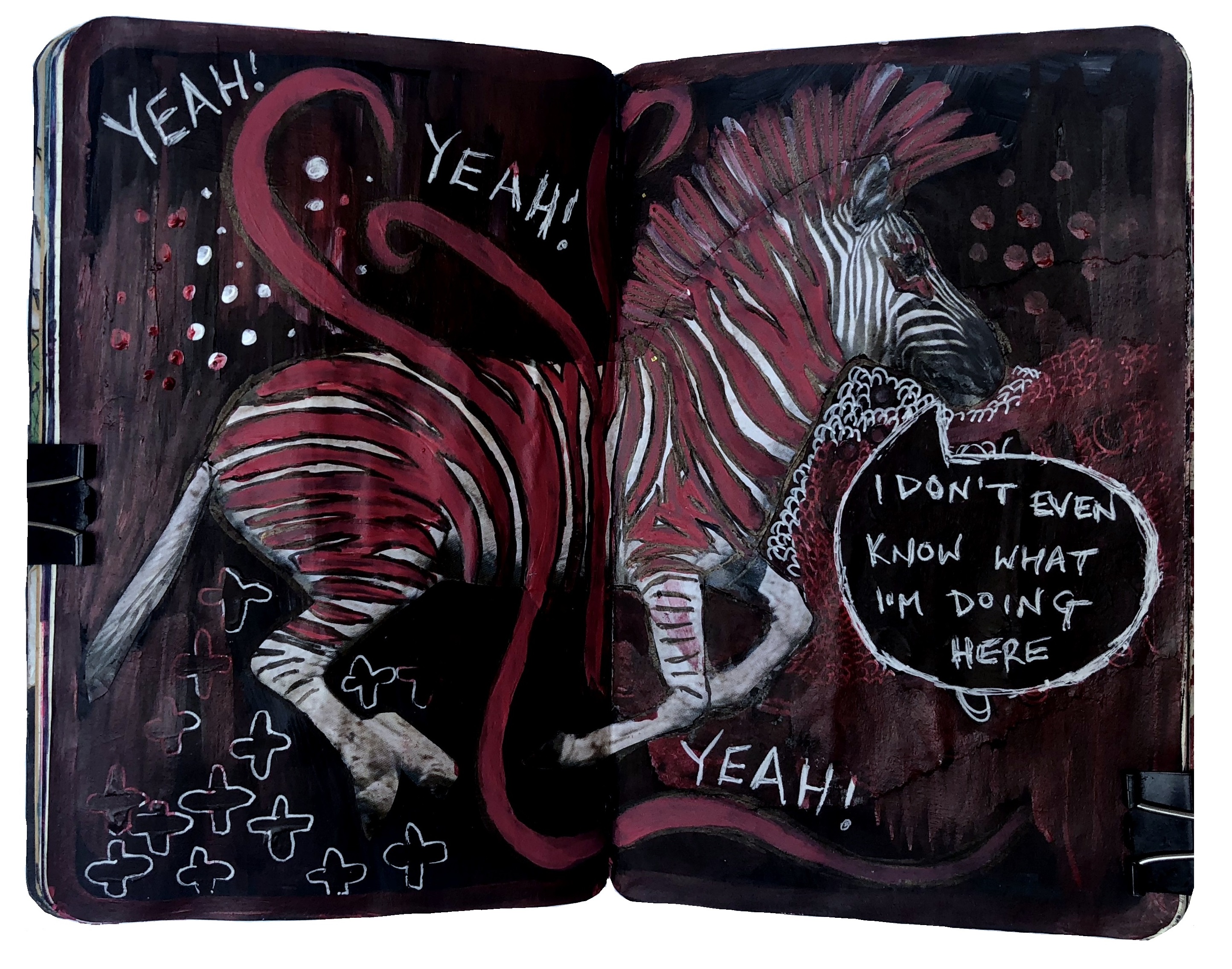 Days 186/365 of Year of Creative Habits. A mixed media art journal illustration of a pink punk zebra singing the intro from Quick and to the Pointless by Queens of the Stone Age.