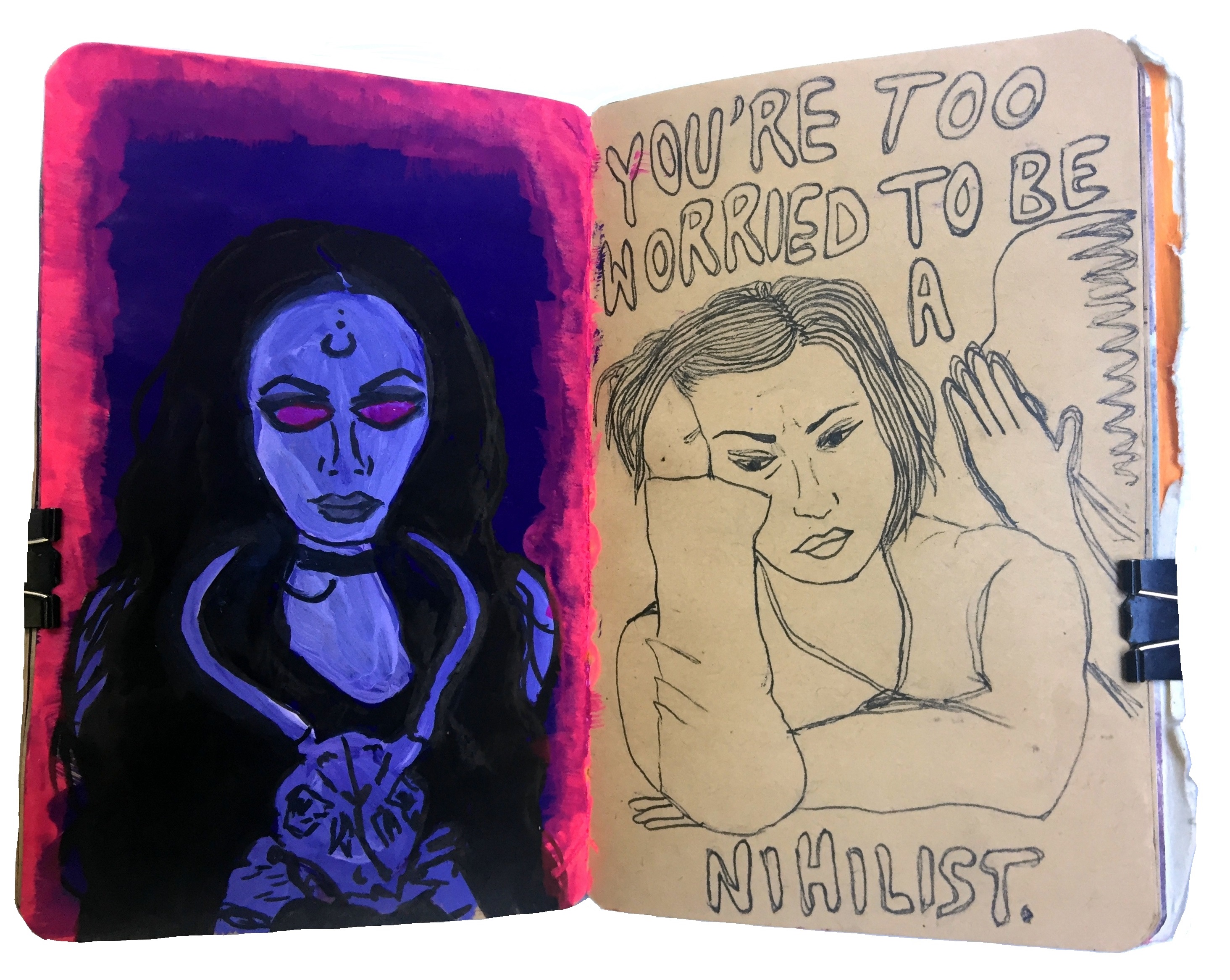 Days 207 and 145/365 of Year of Creative Habits. A mixed media art journal sketch of a witchy woman holding a skull surrounded by neon pink paint and a sketch of a sad woman with an unknown entity whispering in her ear, you're too worried to be a nihilist.