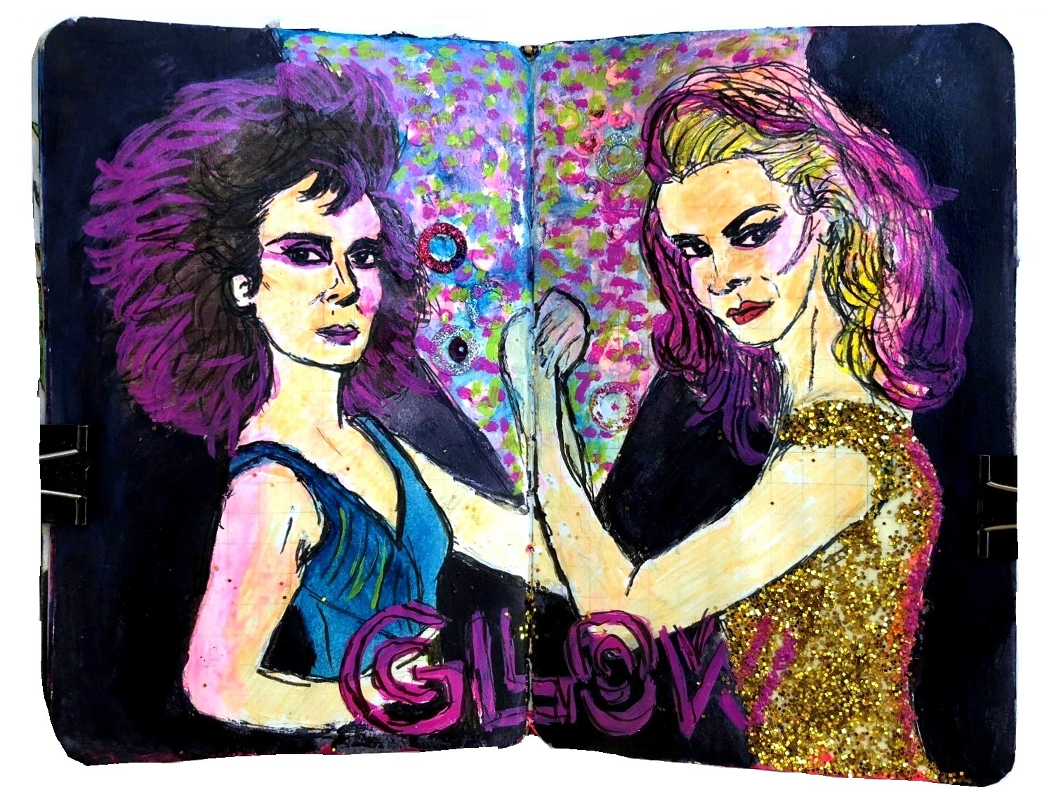 Days 202 and 203/365 of Year of Creative Habits. A mixed media art journal illustration of Ruth Zoya the Destroya Wilder (Alison Brie) and Debbie Liberty Belle Eagan (Betty Gilpin) from the TV show GLOW.