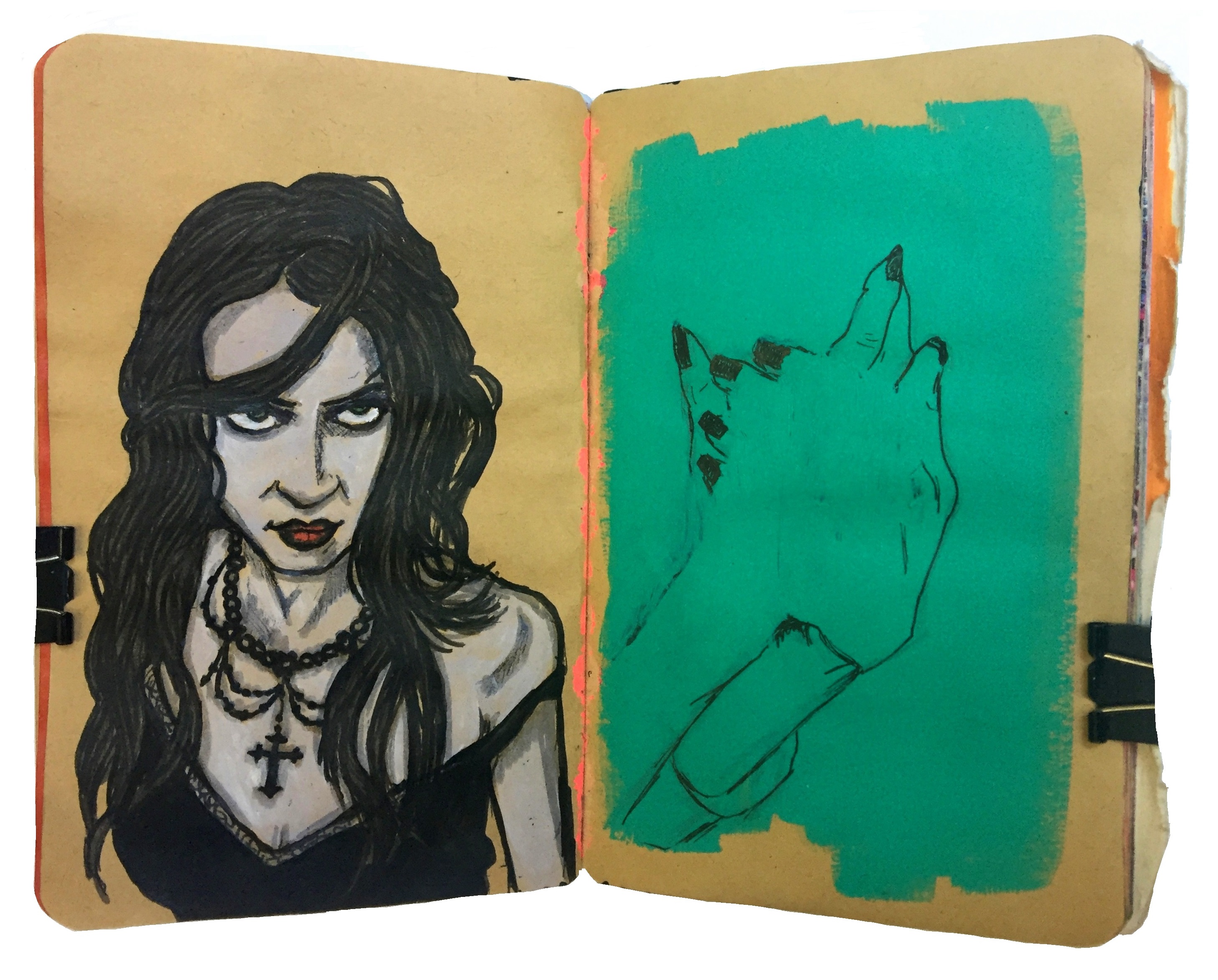 Day 273/365 of Year of Creative Habits. A mixed media art journal illustration of a gothic woman looking angry and an ink sketch of hands.