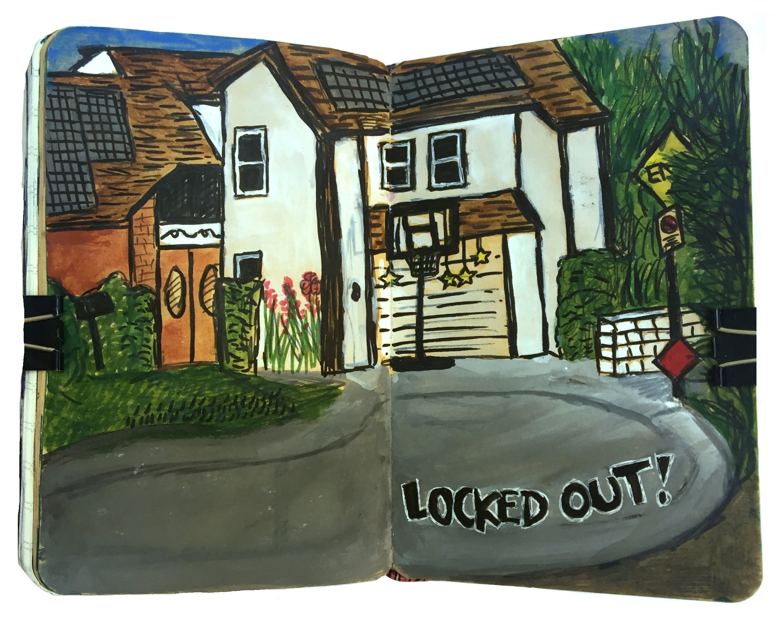Day 257/365 of Year of Creative Habits. An art journal illustration of a street after I got locked out of the house – luckily I had some art supplies with me for some (sub)urban sketching... not sure it's for me haha.