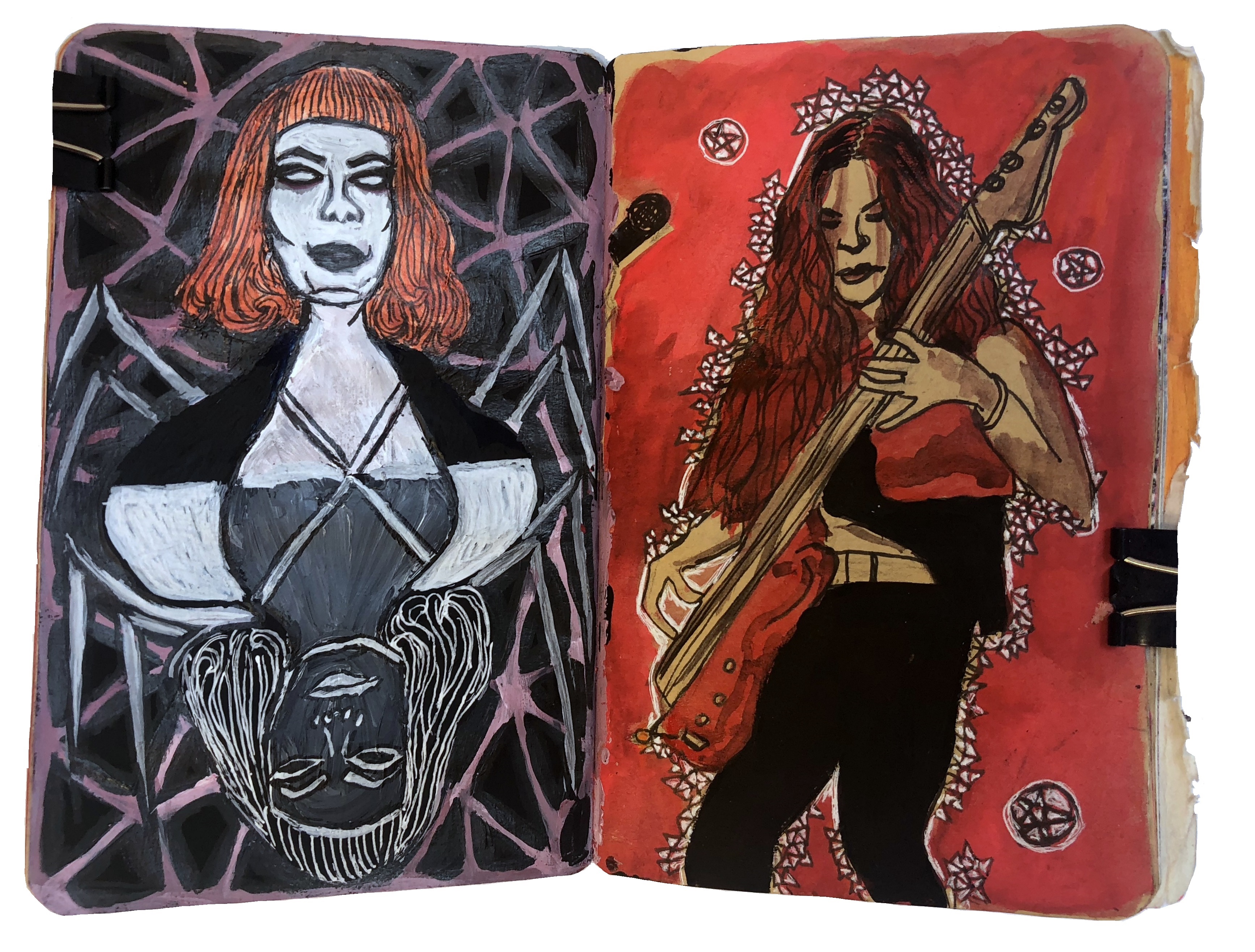 Days 330 and 249/365 of Year of Creative Habits. A mixed media art journal illustration of a woman mirrored with a negative version of herself and a drawing of the bassist from the band Shroud Eater playing bass live.