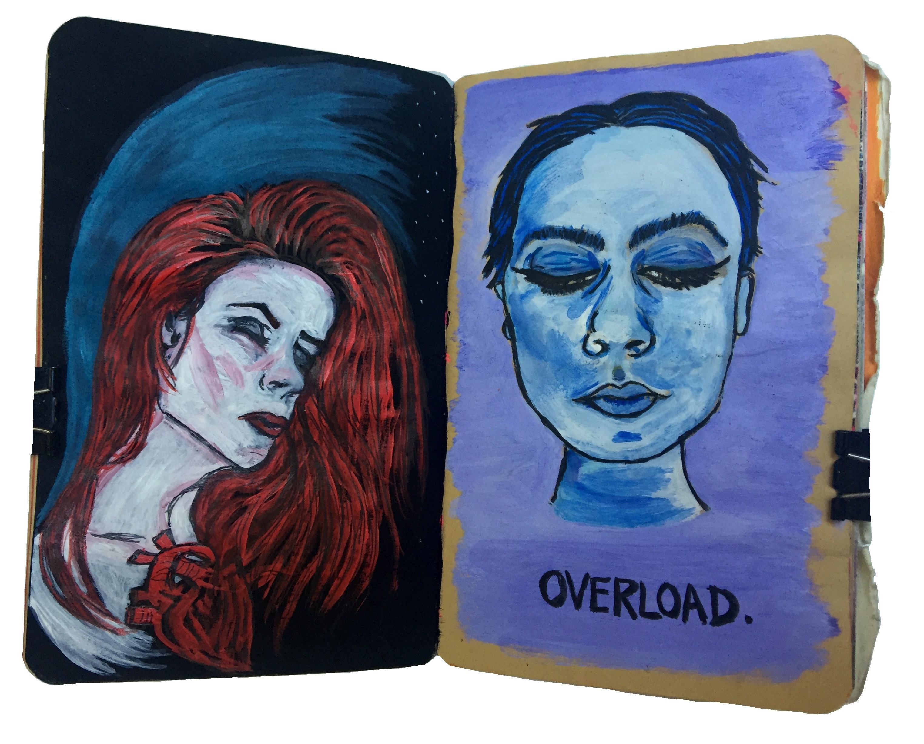 Days 259 and 143/365 of Year of Creative Habits. A mixed media art journal illustration of a woman with bright red hair with an anatomical heart outside her chest and a drawing of a sad woman with the word overload underneath.