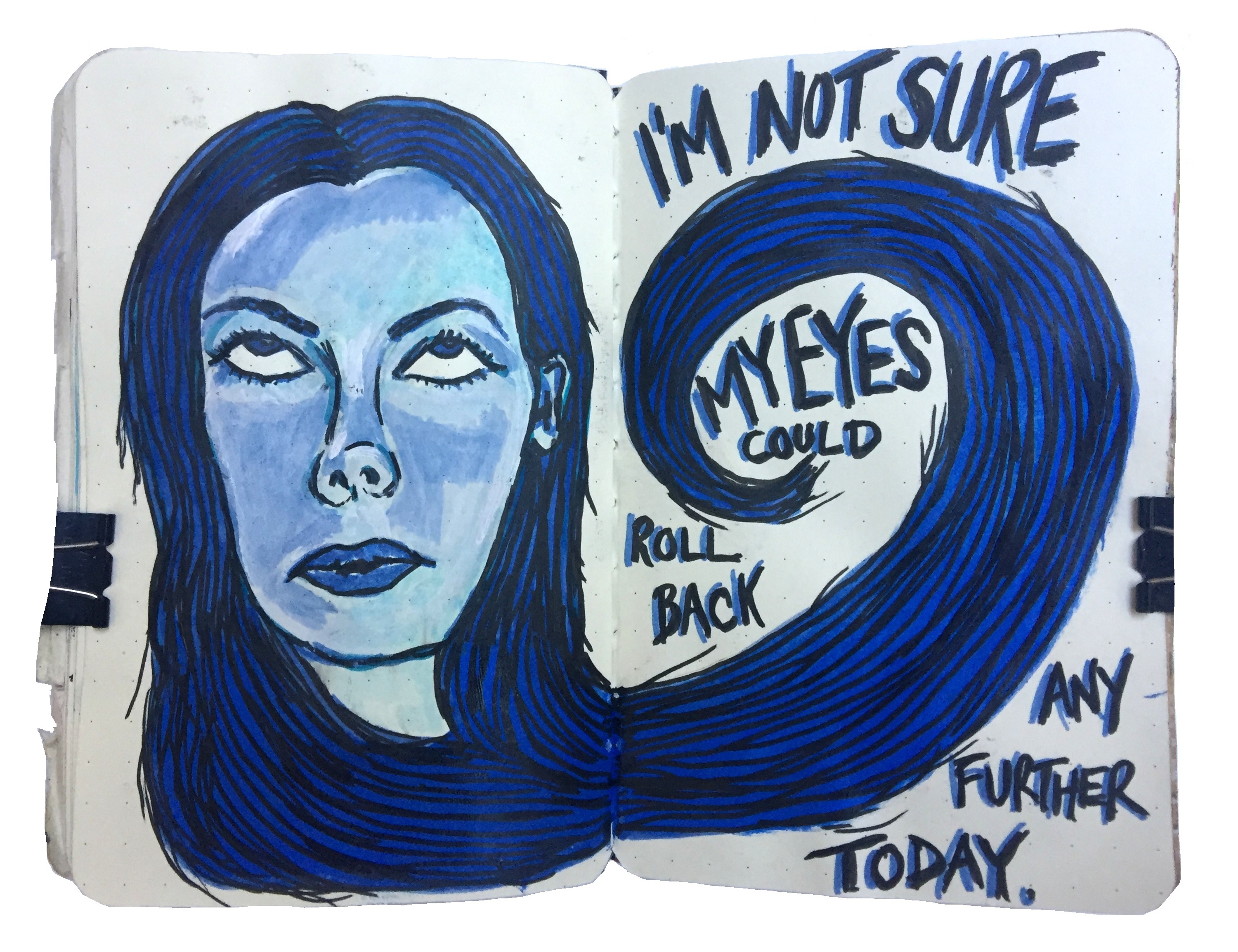 Day 271/365 of Year of Creative Habits. A mixed media art journal illustration of myself in blue rolling my eyes with the words I'm not sure my eyes could roll back any further today.