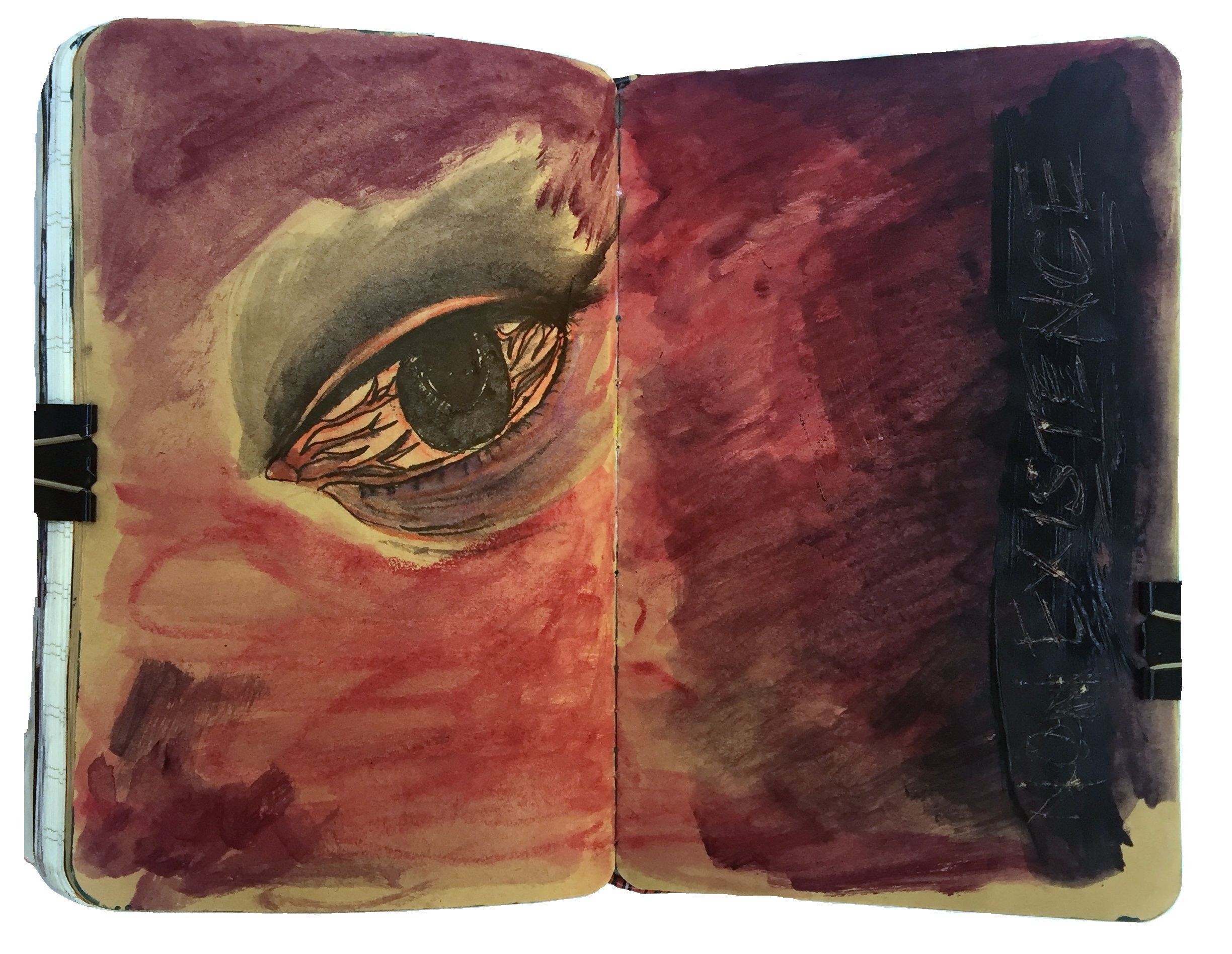 Day 255/365 of Year of Creative Habits. A mixed media art journal illustration of a bloodshot eye floating in non-existence.