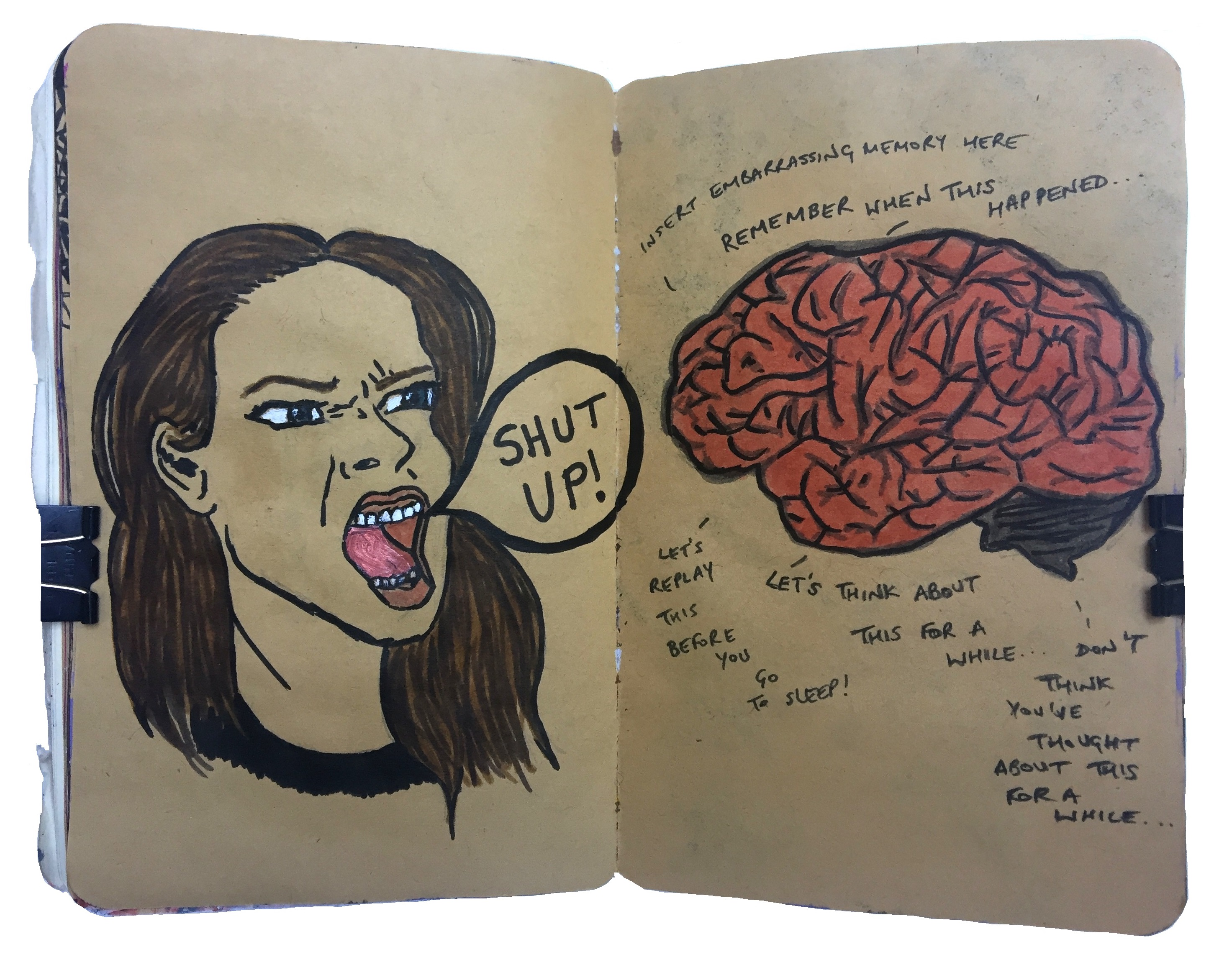 Day 261/365 of Year of Creative Habits. A mixed media art journal illustration of myself telling my brain to shut up while it thinks of all the embarrassing things I've done.
