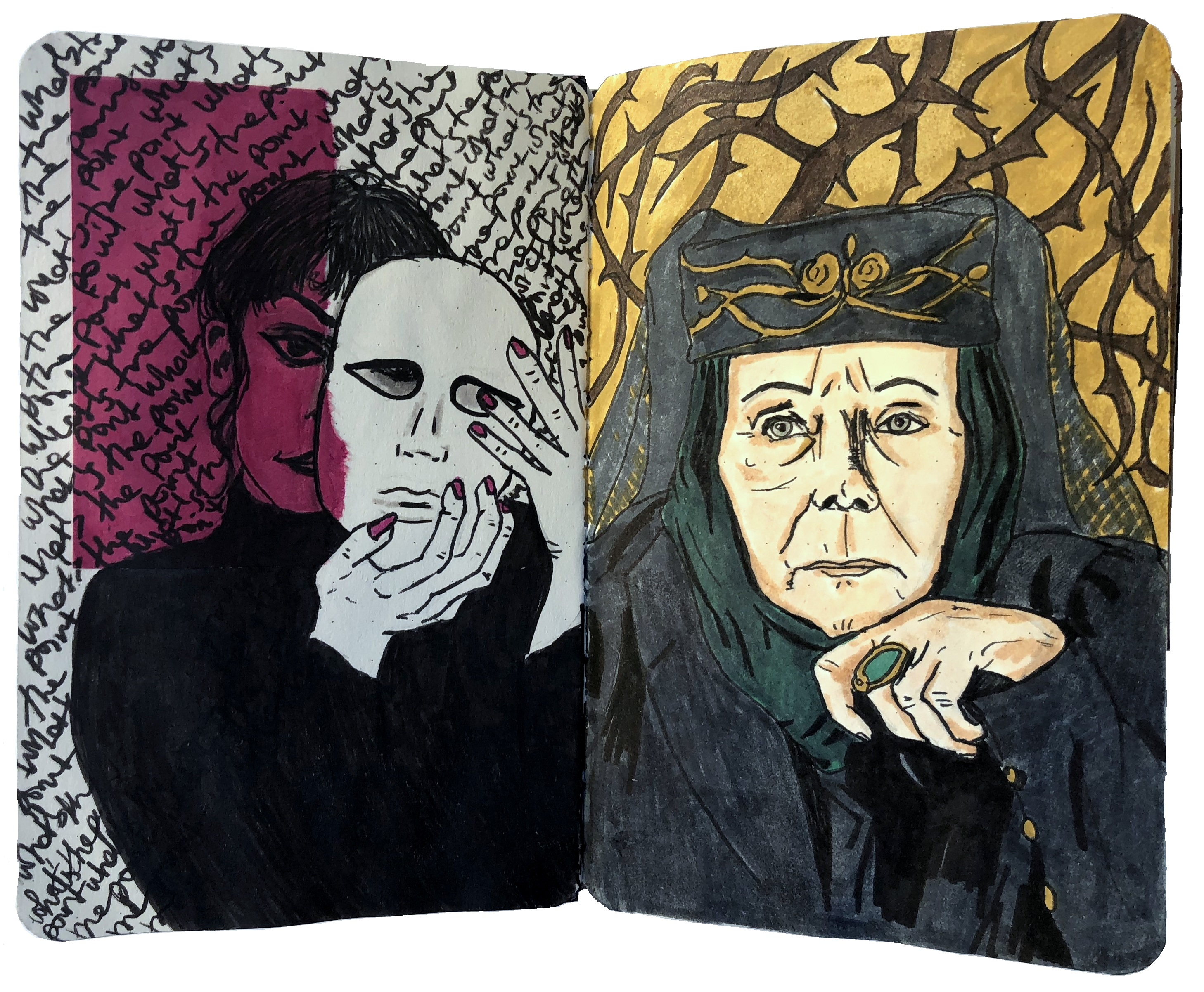Day 212/365 of Year of Creative Habits. Art journal illustrations of a woman with a mask inspired by Sktchy and  a portrait of Lady Olenna, Queen of Thorns, from Game of Thrones.