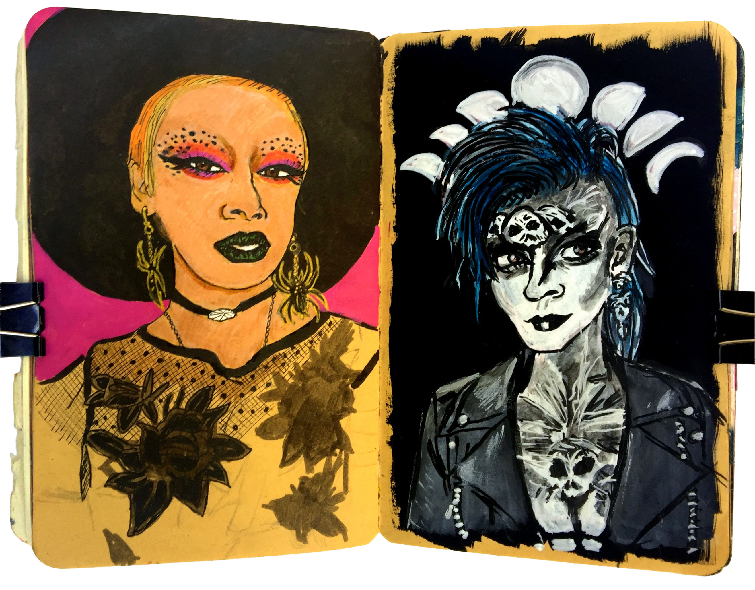 Days 277, 317 and 318/365 of Year of Creative Habits. A mixed media art journal illustration of a witchy person (half-finished) from Sktchy and an illustration of art_of_kadu.
