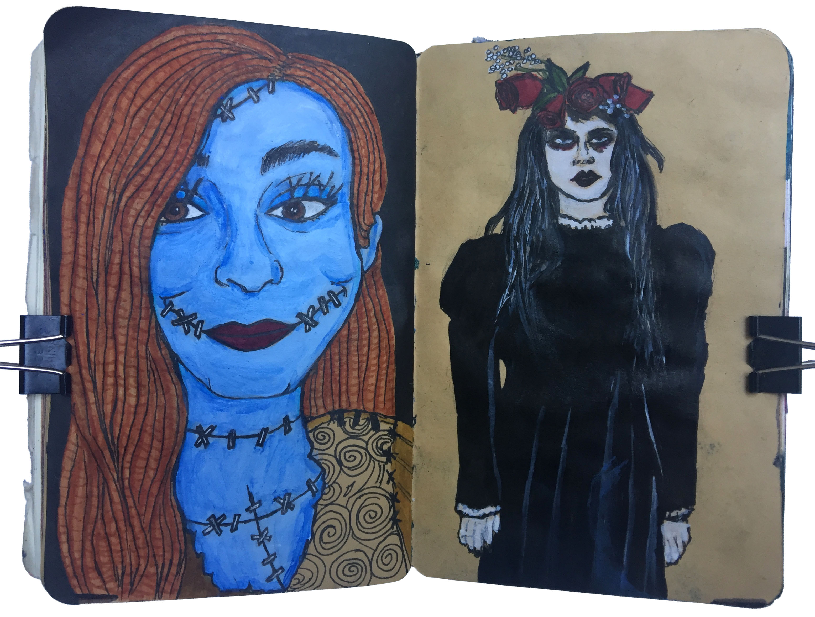 Days 280 and 288/365 of Year of Creative Habits. A mixed media art journal illustrations of spooky female portraits from Sktchy and Instagram (haleyca on IG as Sally from Nightmare Before Christmas).