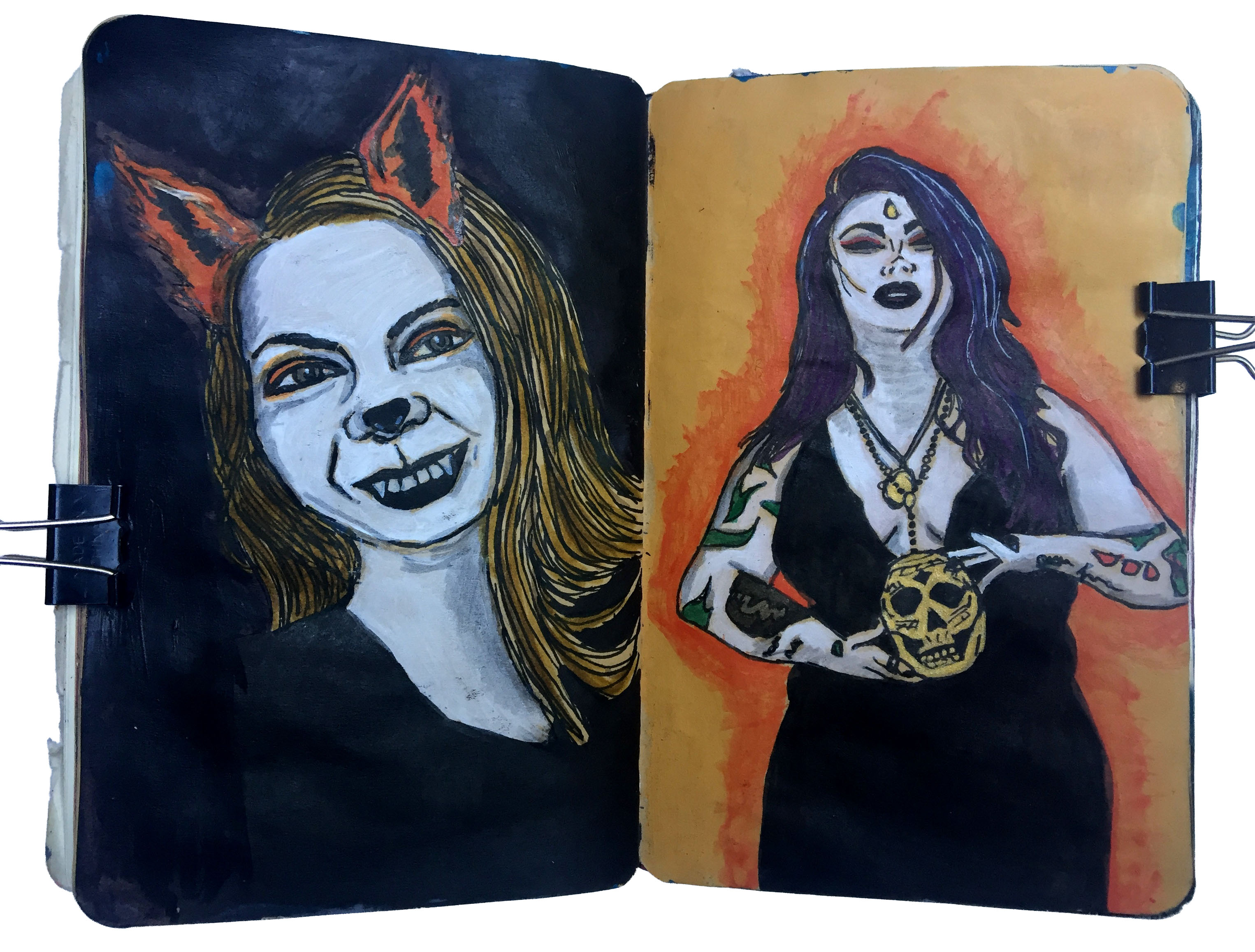 Days 282 and 285/365 of Year of Creative Habits. An art journal illustration of a smiling fox-woman and a witchy woman holding a skull.