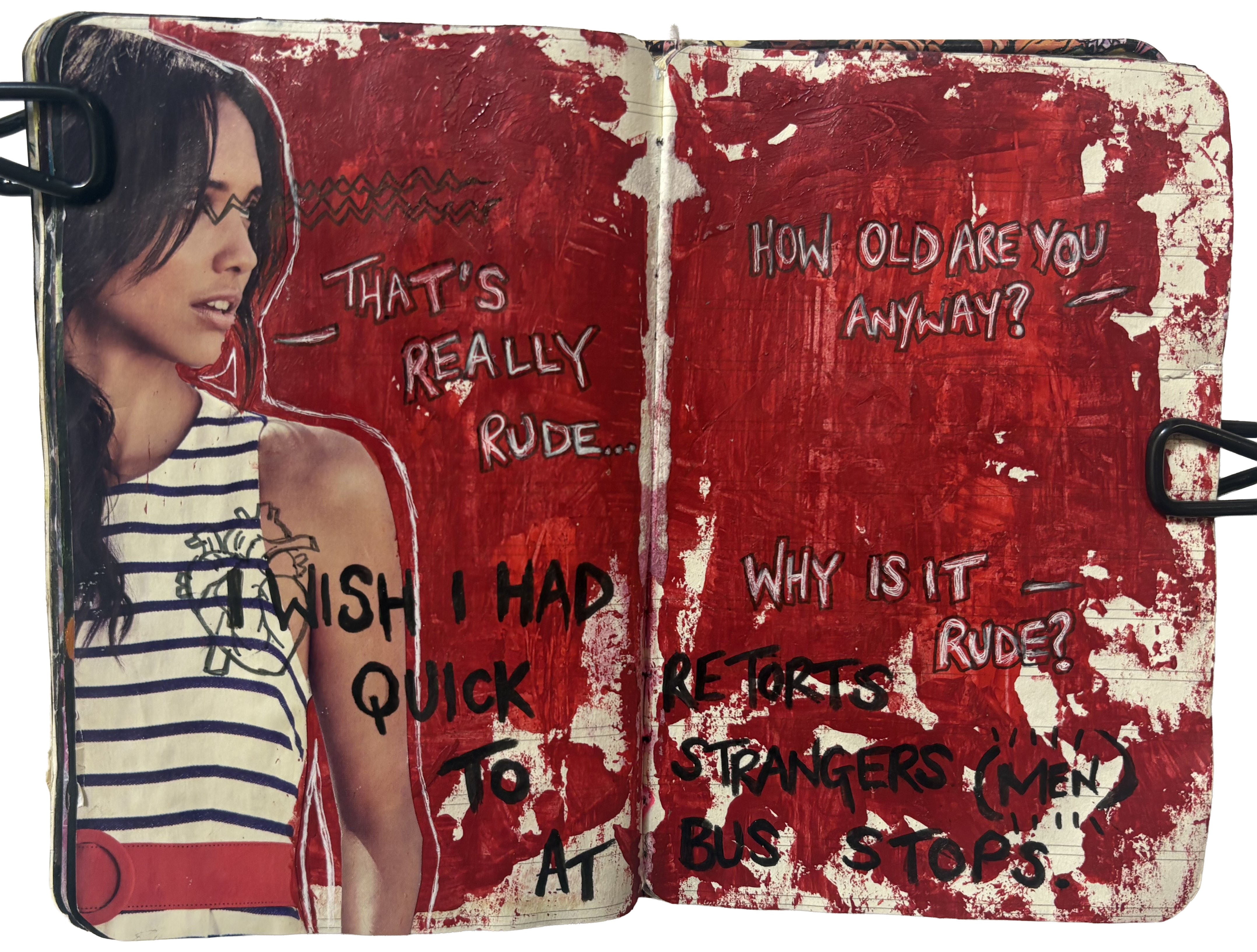 A mixed media art journal collage about harassment.
