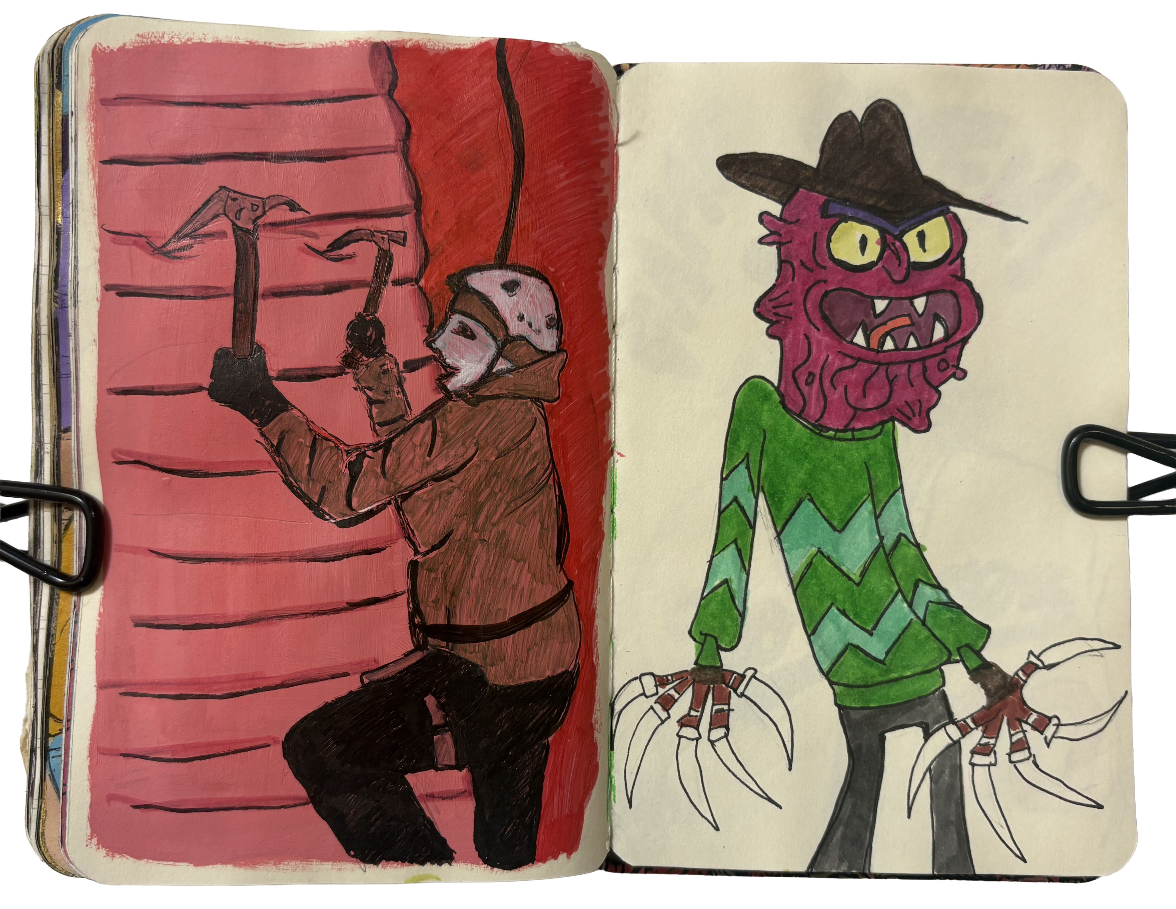 Art journal illustrations about period pain and Scary Terry from Rick and Morty.