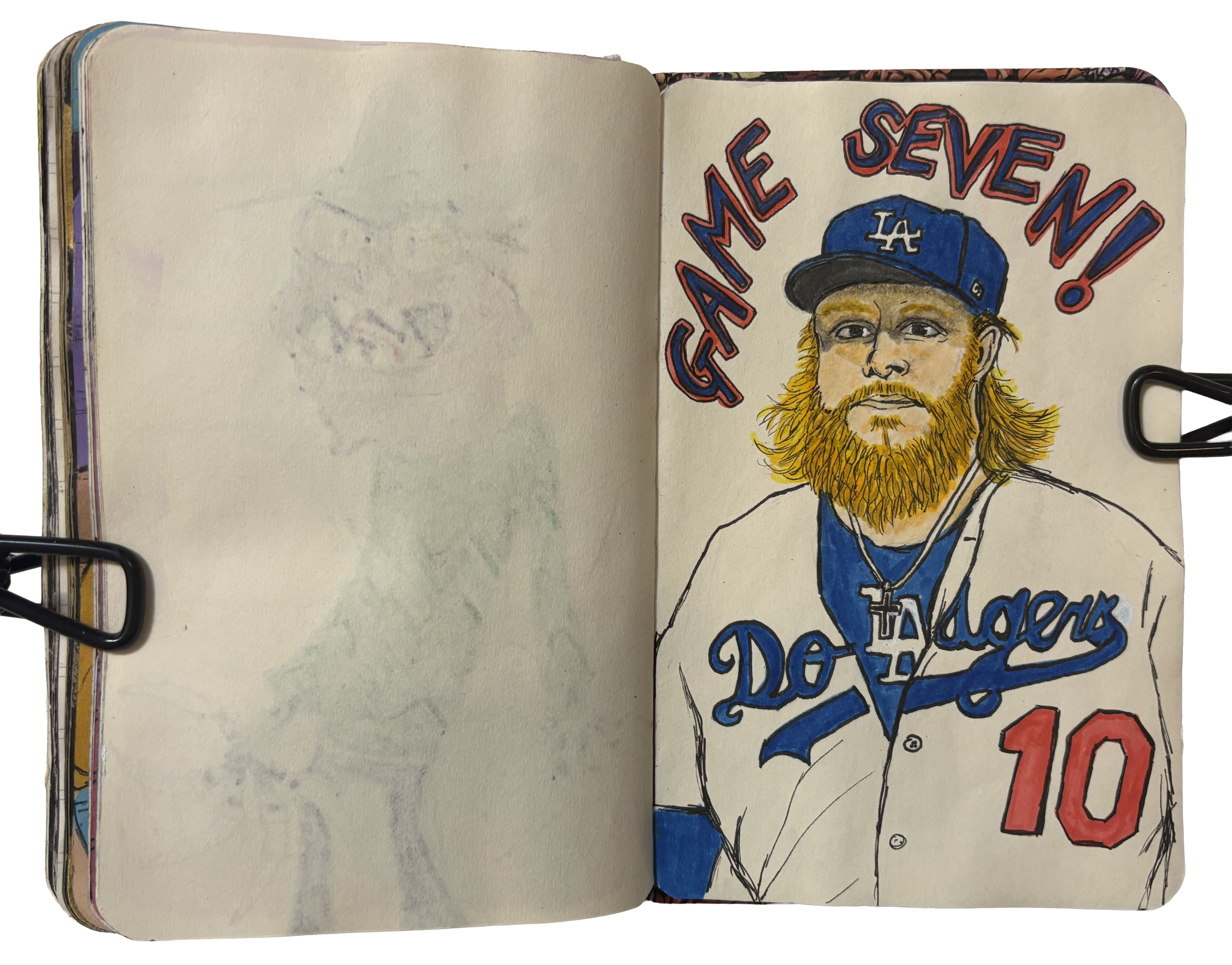 Day 304/365 of Year of Creative Habits. Art journal illustration of baseball player Justin Turner when he was on the Dodgers. The drawing says Game Seven! above him.
