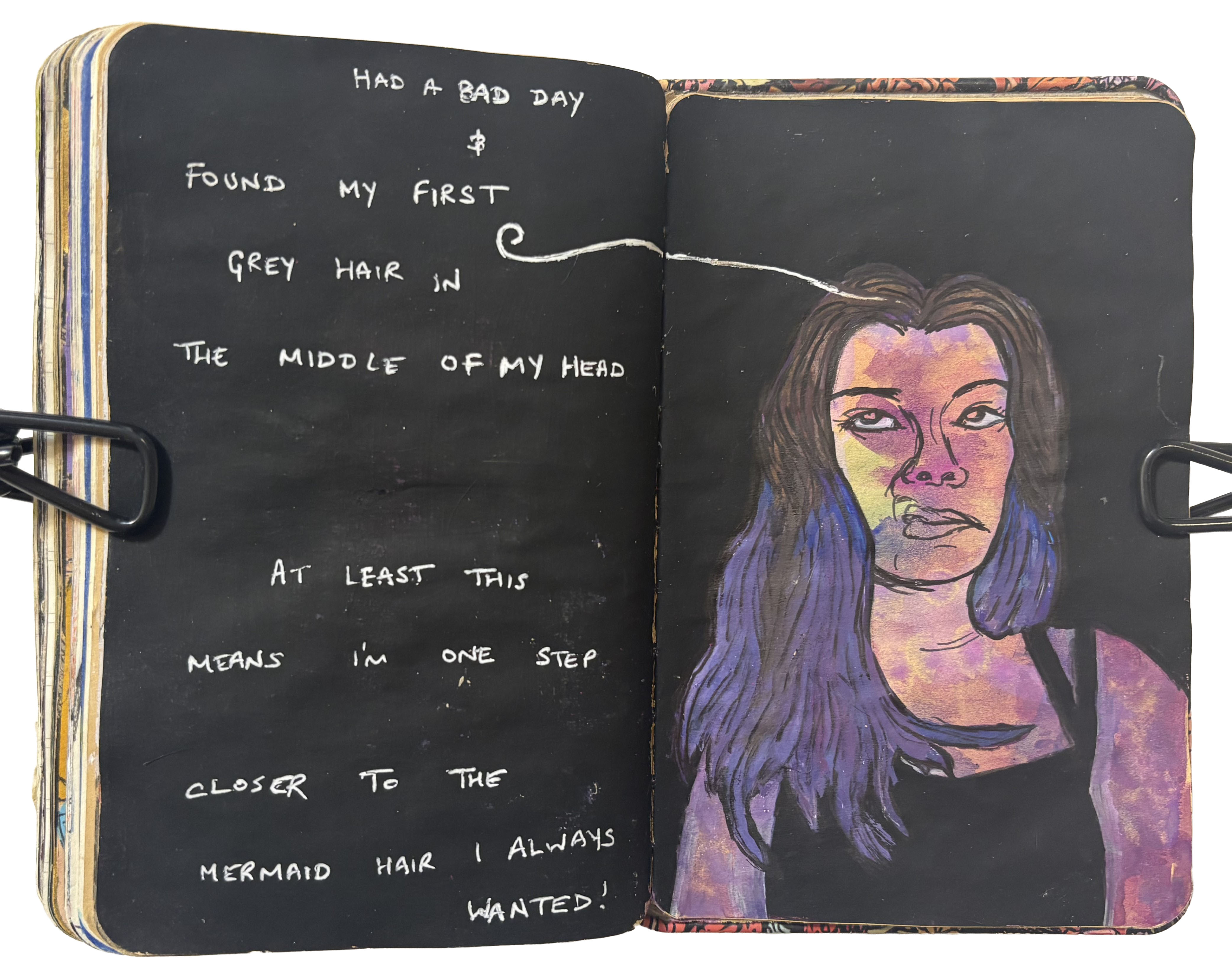 A mixed media art journal self portrait about having a bad day and finding a grey hair (unrelated).