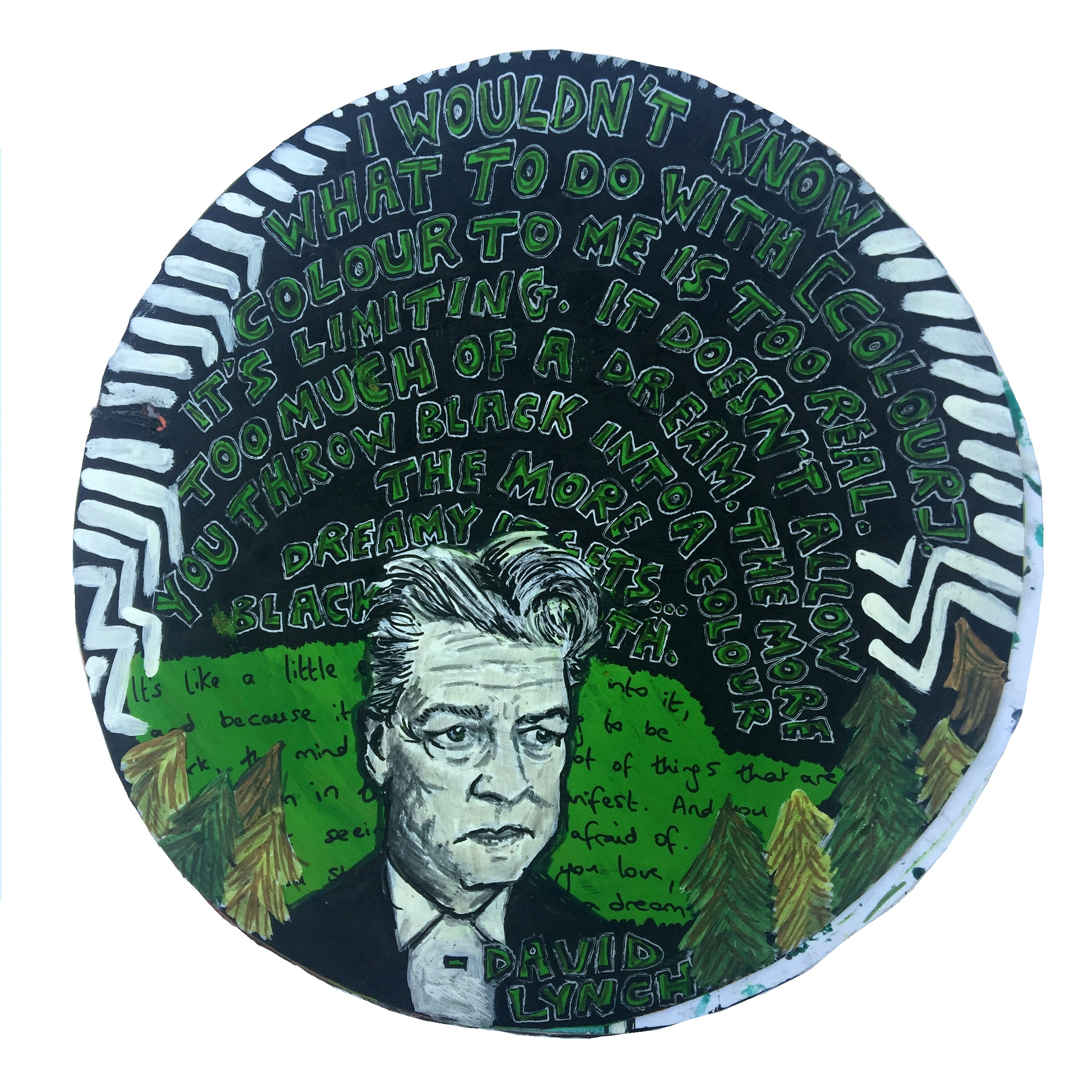 Days 157 and 158/365 of Year of Creative Habits. A mixed media art journal page with a quote by and illustrtion of David Lynch.