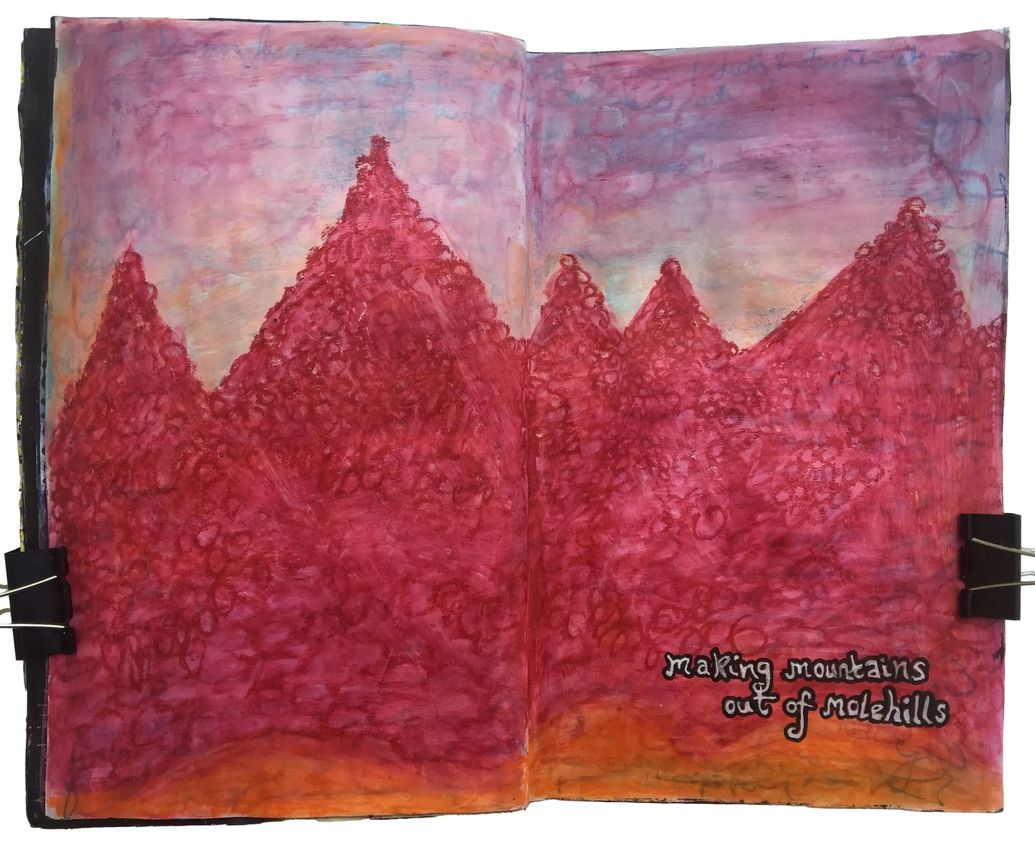 Day 128/365 of Year of Creative Habits. An art journal illustration about making mountains out of molehills.