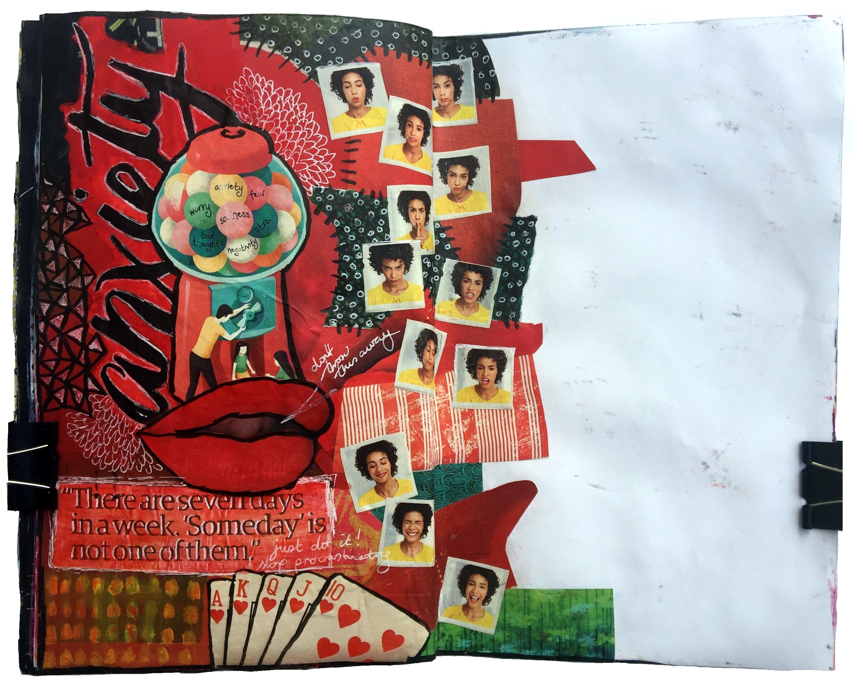 Day 124/365 of Year of Creative Habits. A mixed media art journal collage about anxiety as part of a Get Messy challenge. I can’t stand blank/white space in my journals, so this was difficult for me to leave alone!