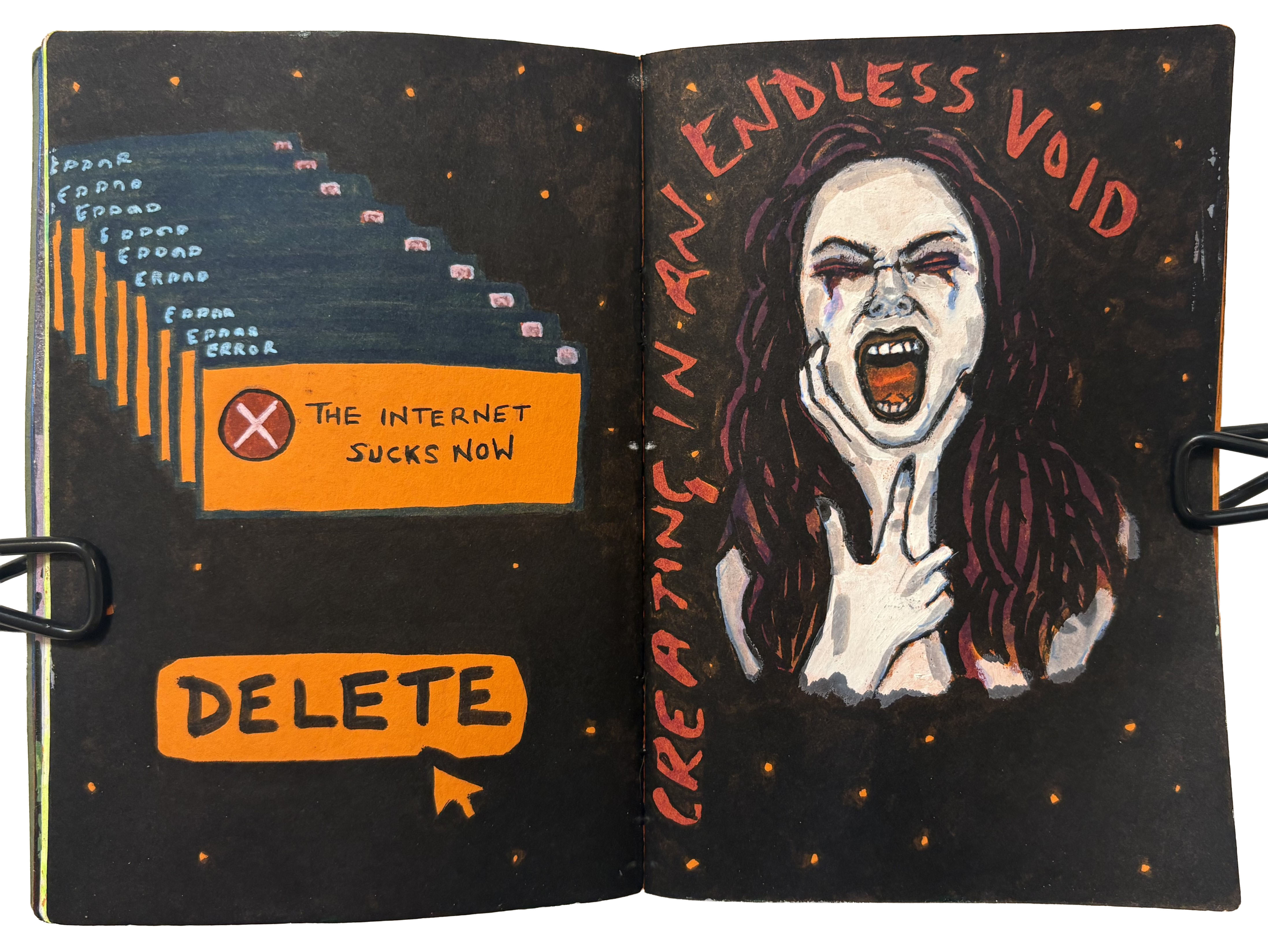 A mixed media art journal page with drawings of dialog boxes displaying the error, The internet sucks now, with the word Delete underneath and a cursor arrow hovering over it. On the right side is an illustration of a woman screaming while holding her face next to the words, creating in an endless void. Reference is ronyniks on the Museum by Sktchy app.