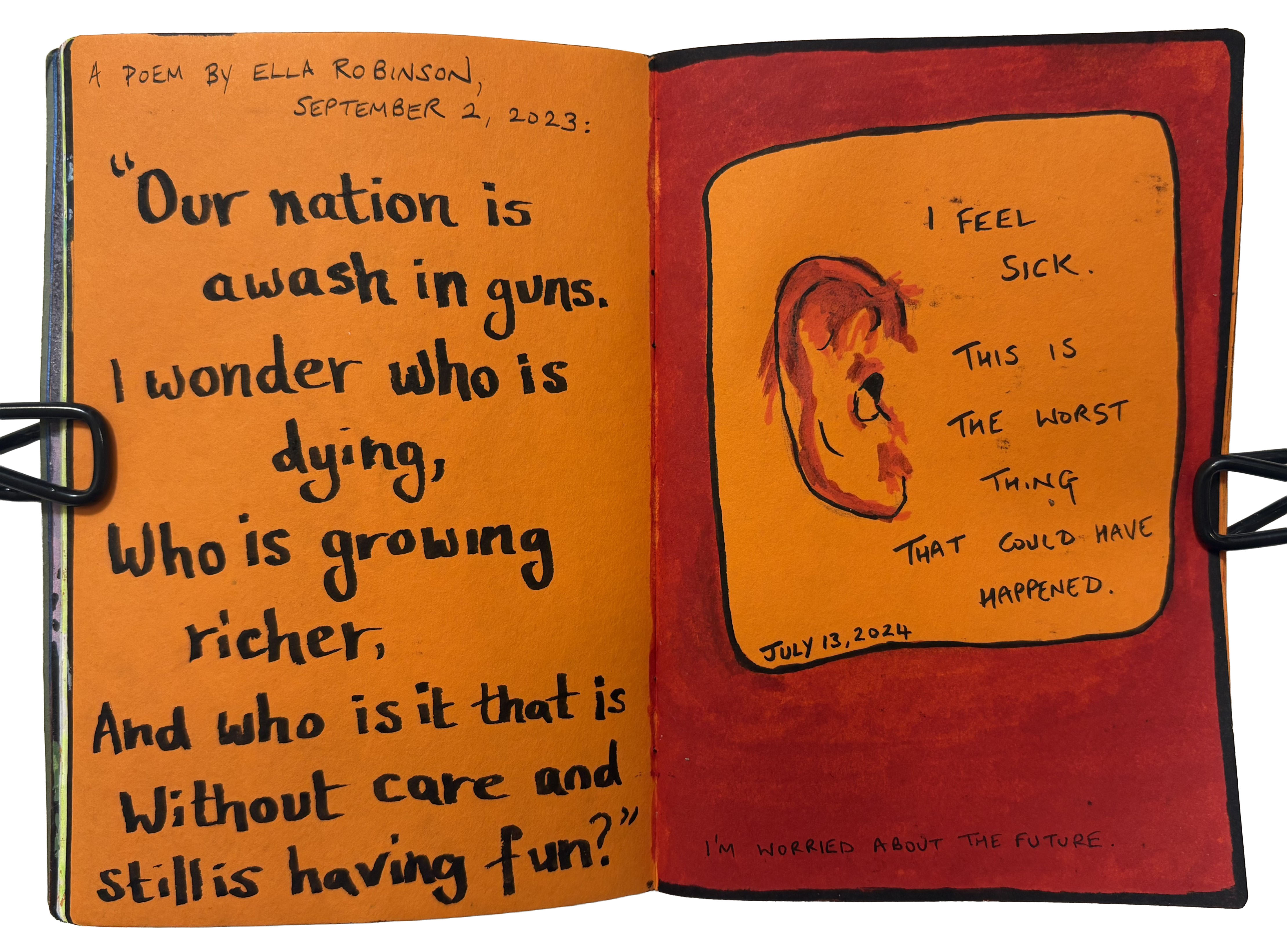 An illustrated art journal page with a poem by Ella Robinson and an illustration of a bloody ear with some thoughts.