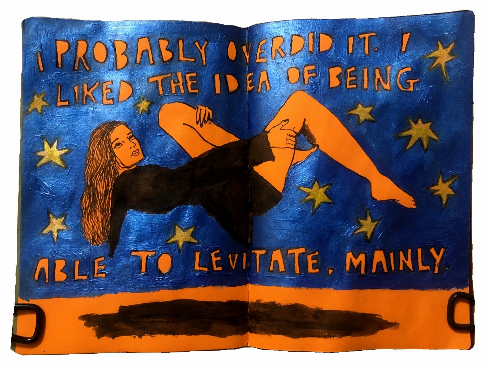 A mixed media art journal page witn an illustration of a woman levitating against a shiny blue background with gold doodled stars, and a quote by artist Leonora Carrington. Reference is caily_calabrese on the Museum by Sktchy app.