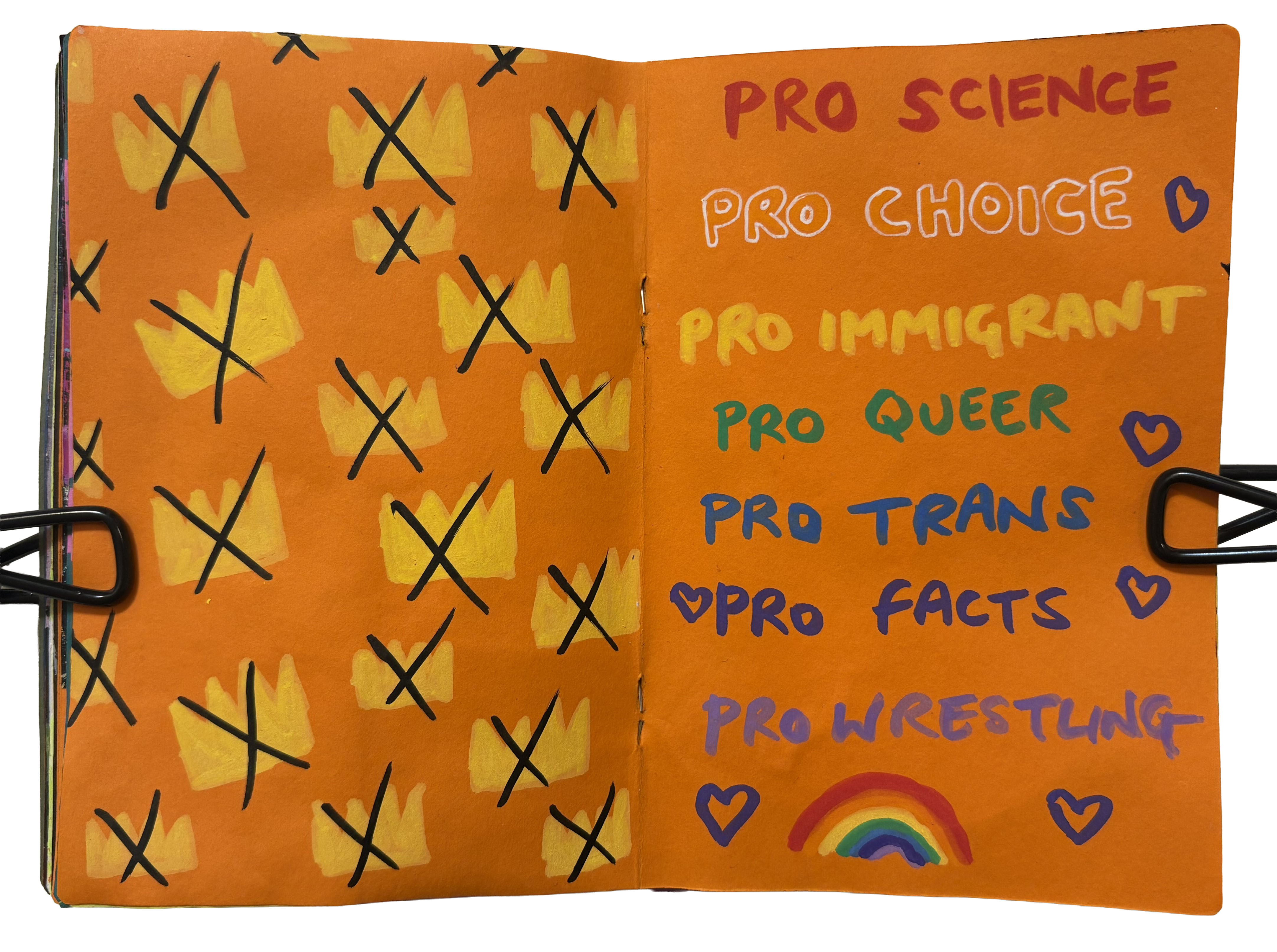 A mixed media art journal page with drawings of crowns crossed out on the left side and the right side has a rainbow and hearts with the words, Pro science, pro choice, pro immigrant, pro queer, pro trans, pro facts, pro wrestling.
