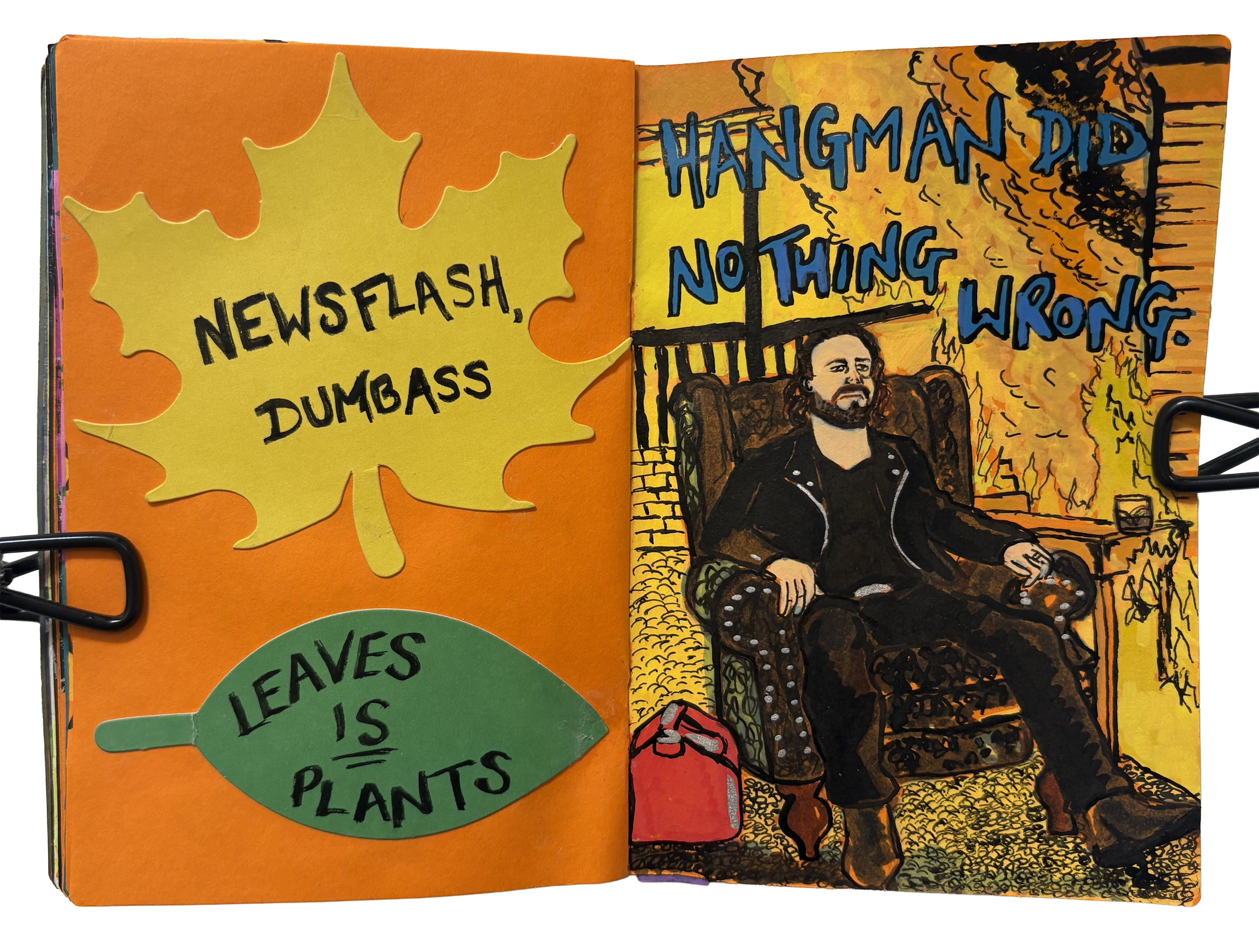 A mixed media art journal page with a quote about plants by AEW wrestler Hangman Adam Page on collaged leaves and an illustration of Hangman sat in front of Swerve's burning house with the words, Hangman did nothing wrong above him.