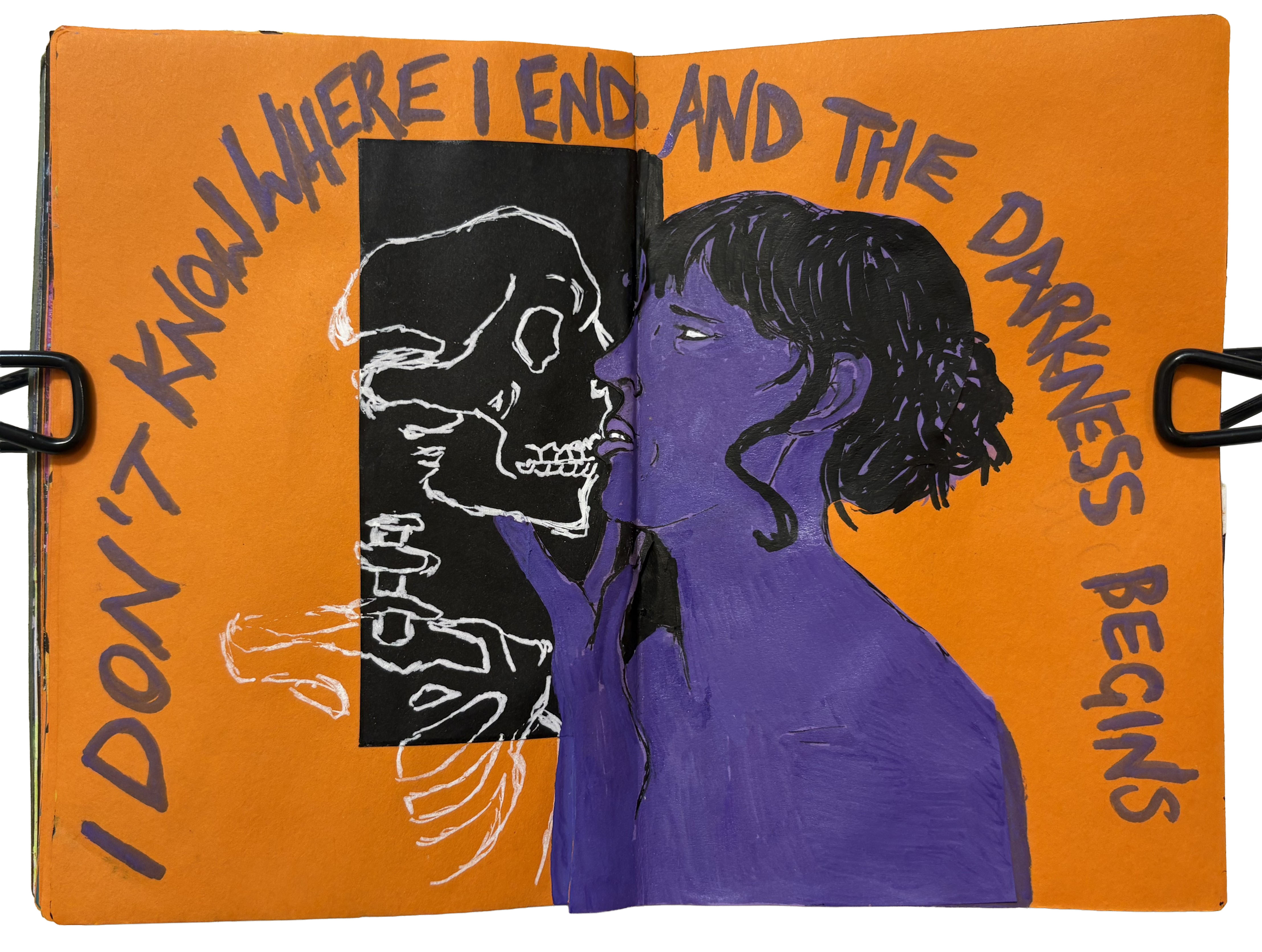 A mixed media art journal page with an illustration of a purple woman embracing a skeleton, with lyrics by Dax Riggs above them.