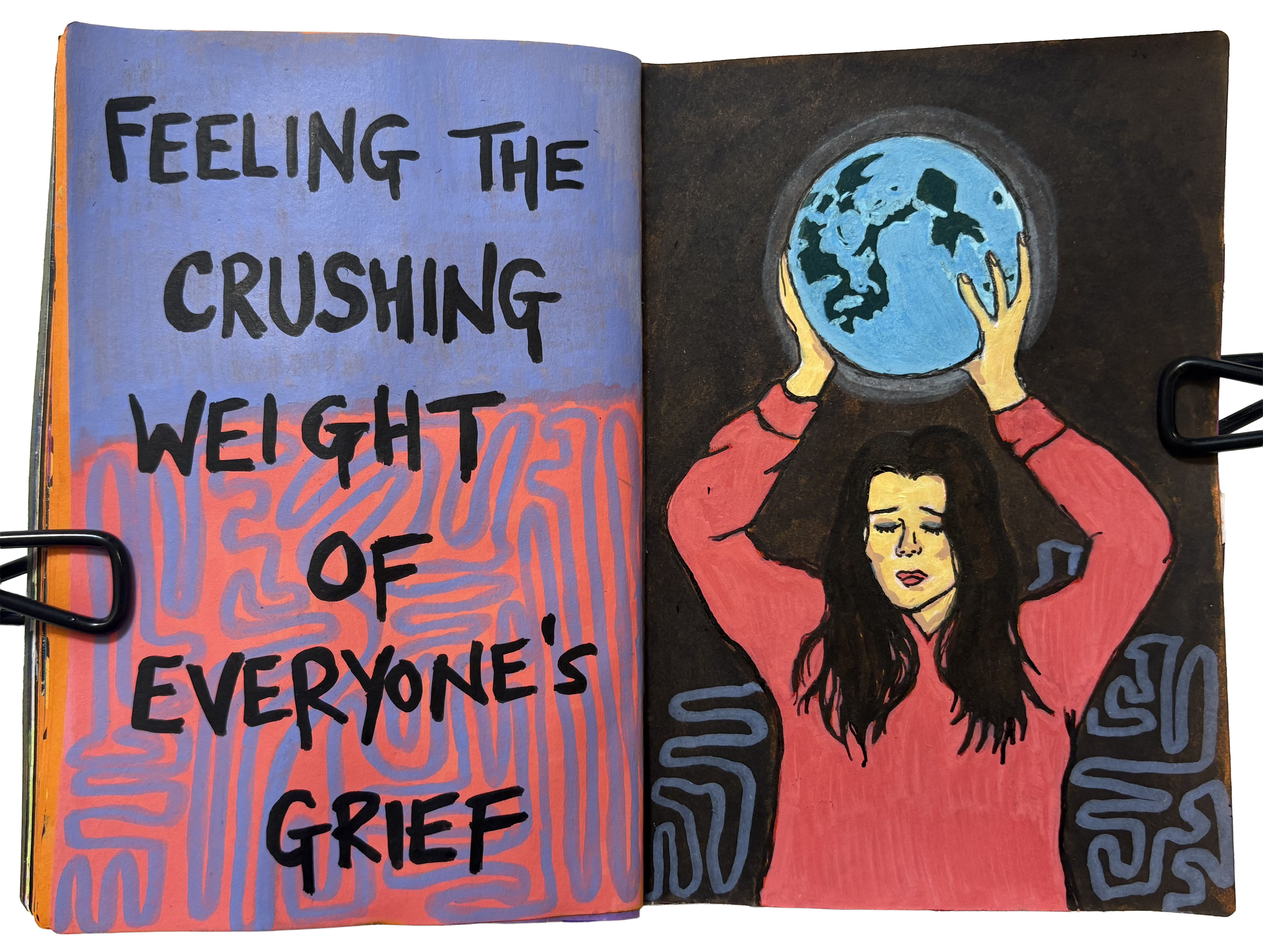 A mixed media art journal page with an illustration of a sad woman with her eyes closed, holding the moon above her head. The words, feeling the crushing weight of everyone's grief is on the left.