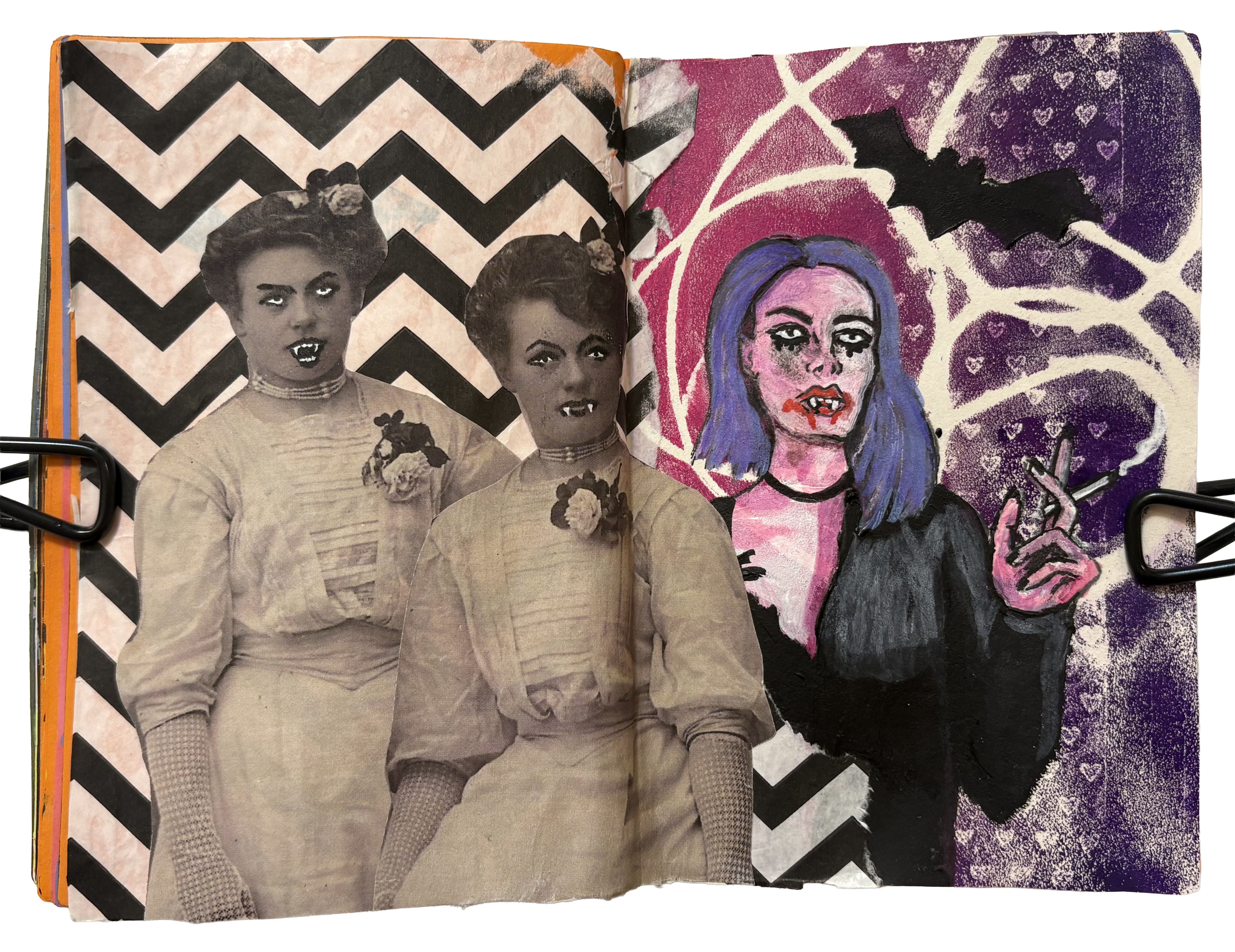 A mixed media art journal page with an illustration of a vampire woman smoking next to a stamped bat and altered images of old-timey vampires. The background is a mixture of collage material and a monoprinted background created with a gel plate.