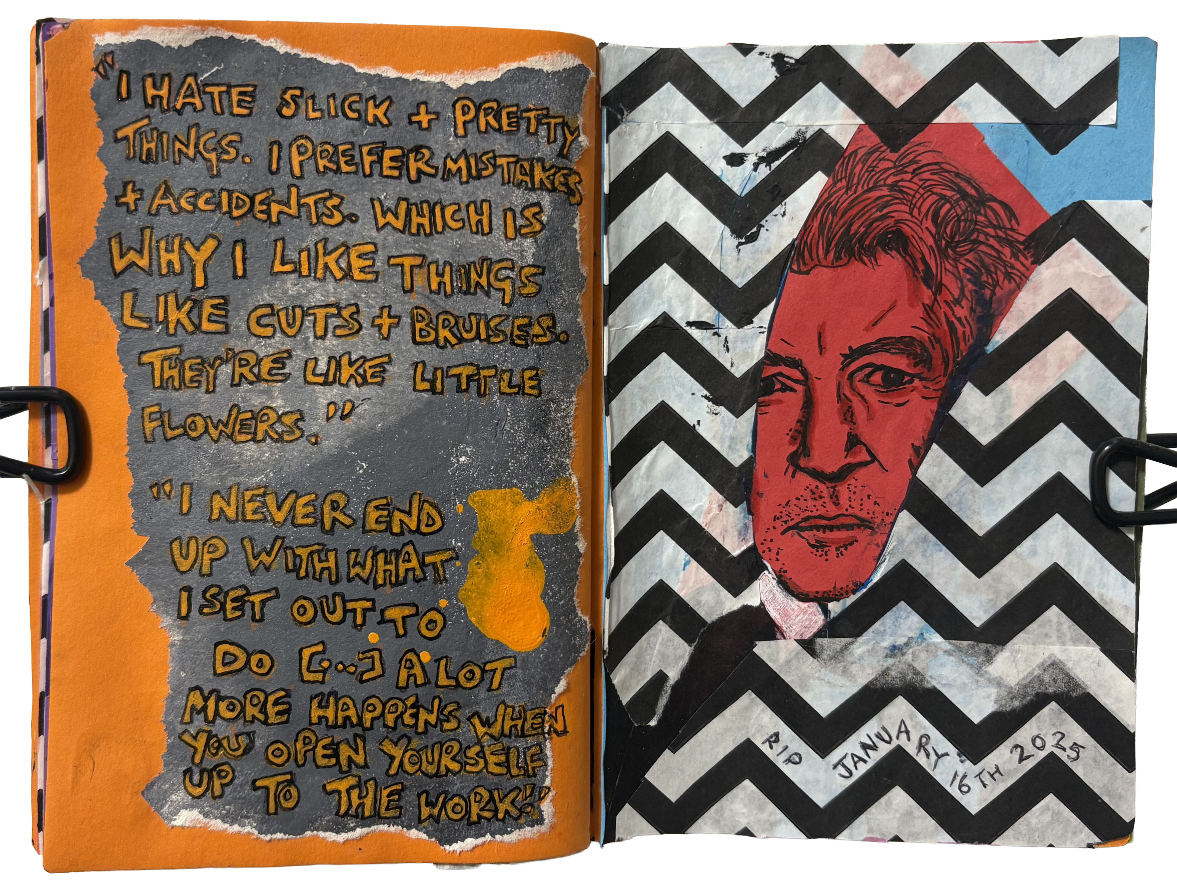 A mixed media art journal spread with a portrait of David Lynch after news of his death with quotes from his book, Catching the Big Fish, that I read soon after.