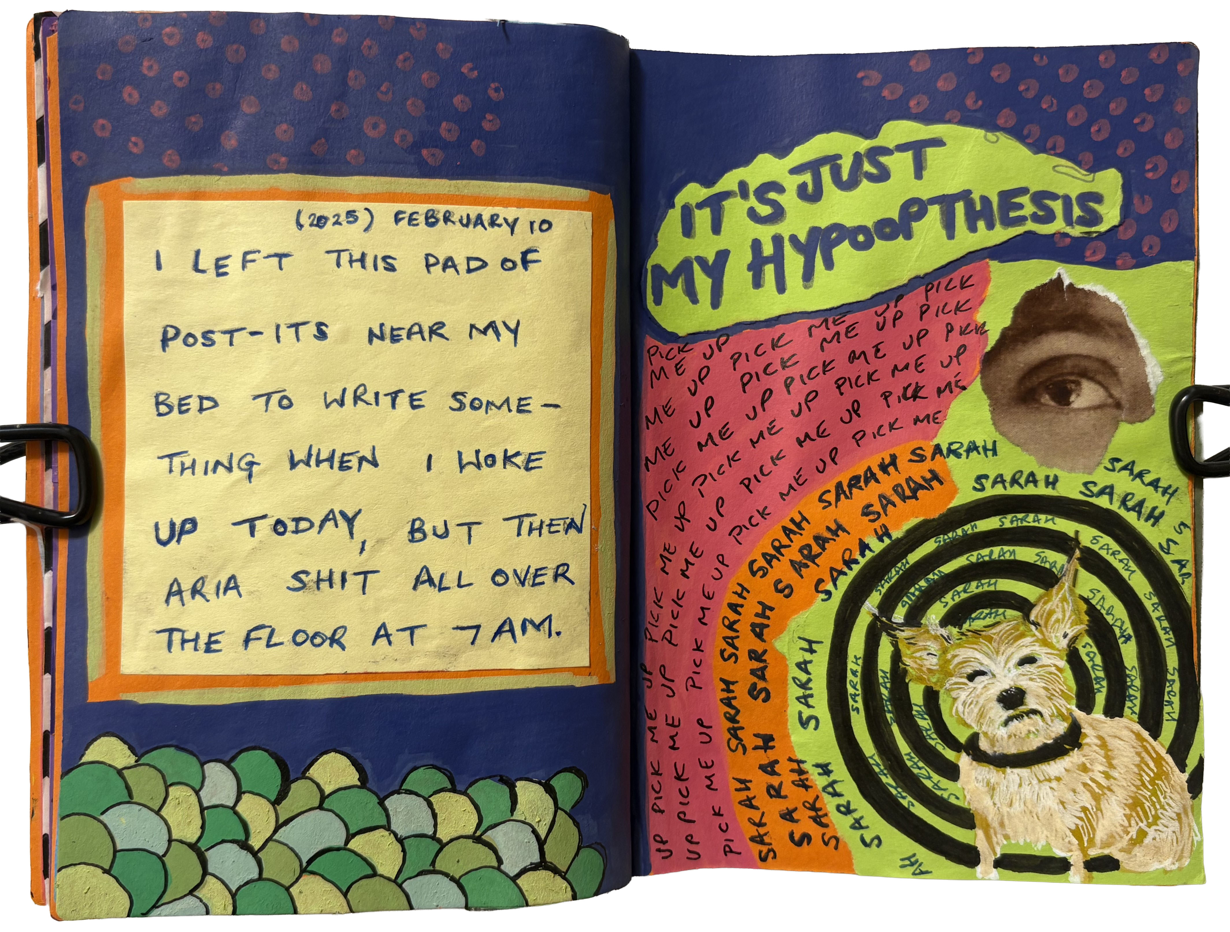 A mixed media art journal spread with a pet portrait of and silly information about our newly inherited dog, such as her trying to communicate with me telepathically and pooping on the floor.