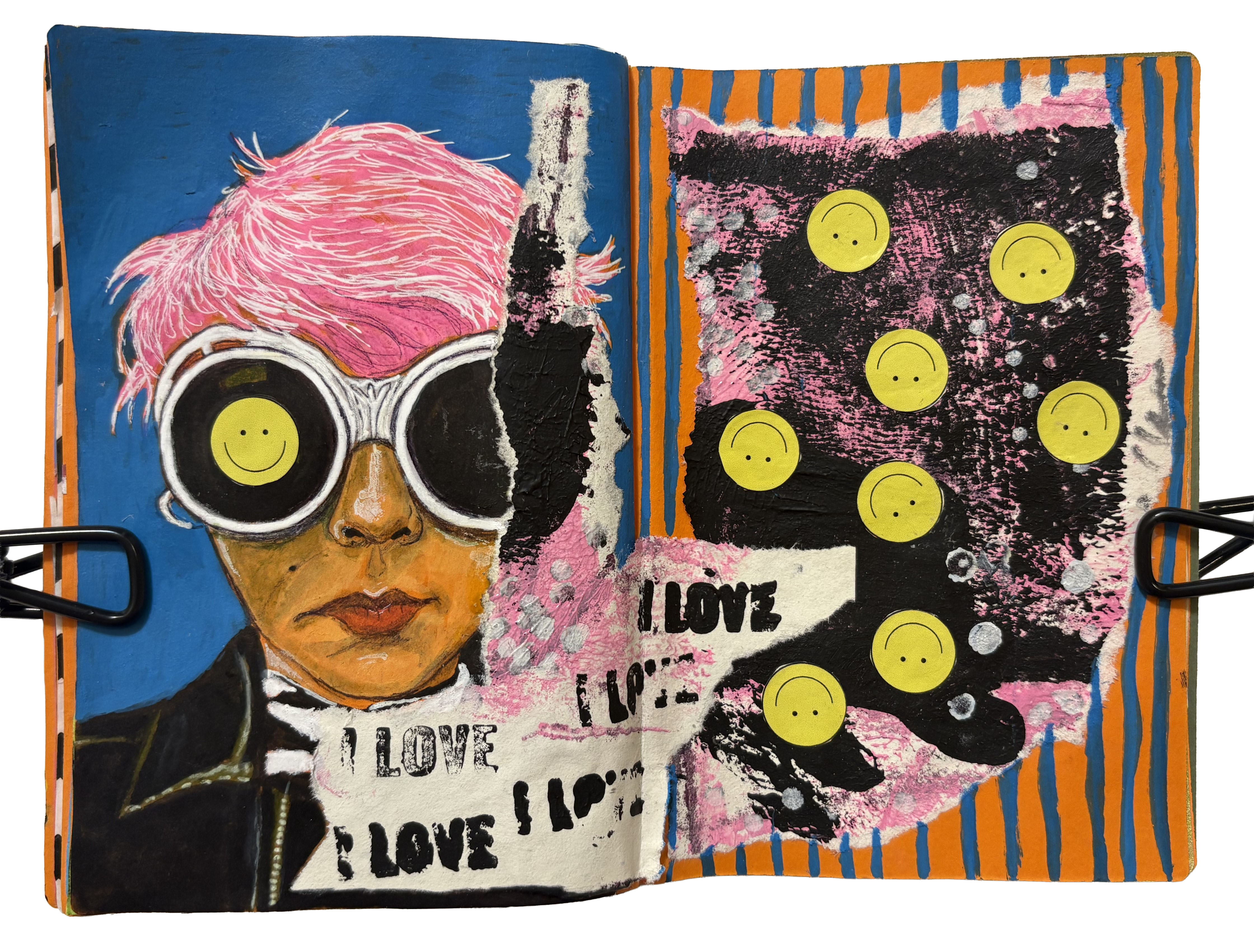 A mixed media art journal page with an illustration of a pink haired person with huge white rimmed sunglasses and a smiley face on the left lens. Next to them is an abstract collage of monoprinted torn paper, upside down smiley faces, and stripey blue doodles. Reference is nectarine on the Museum by Sktchy app.
