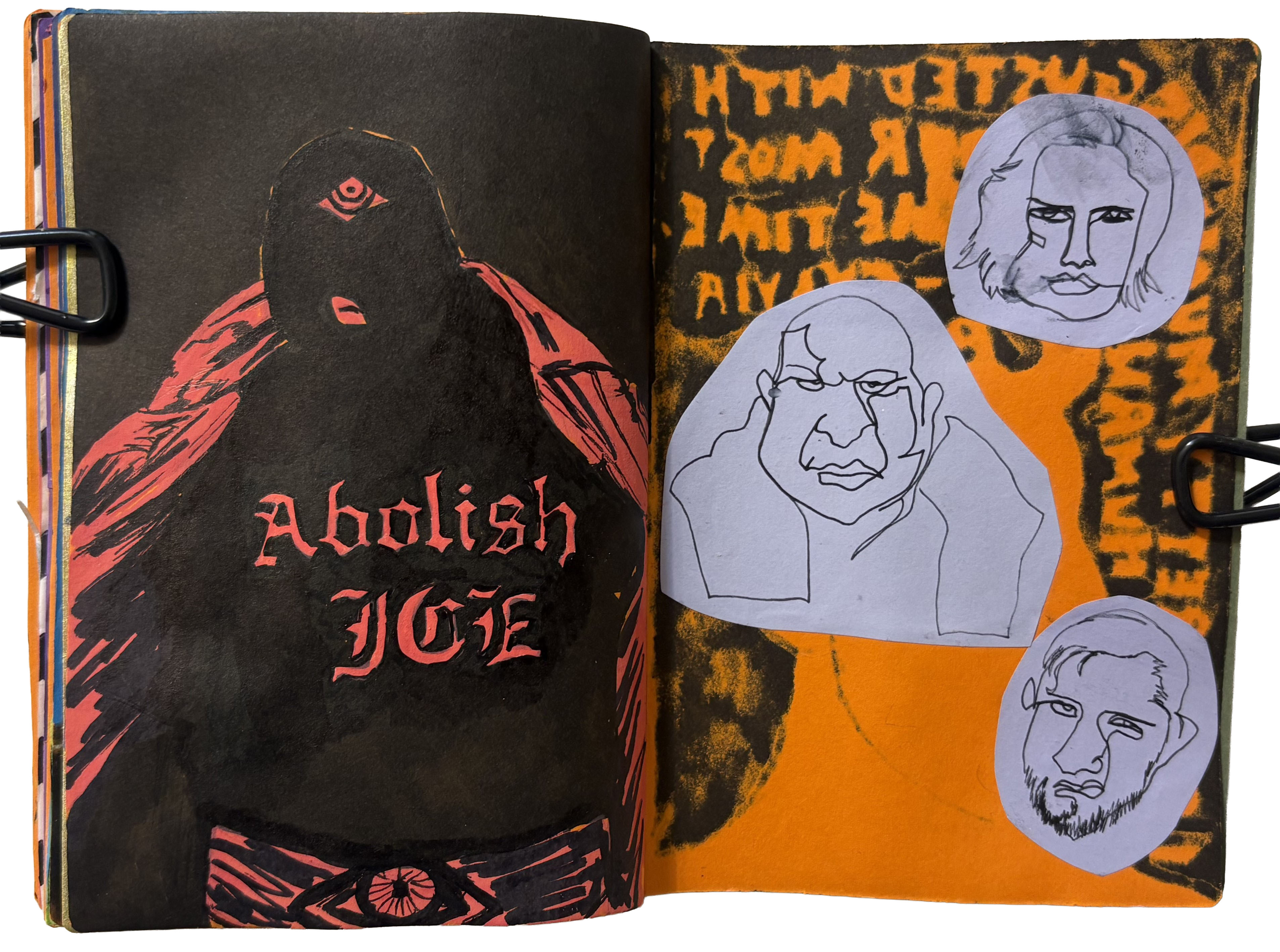 A mixed media art journal page with an illustration of AEW wrestler Brody King wearing an abolish ICE shirt at Grand Slam Mexico, and silly blind contour drawings of AEW wrestlers Toni Storm, Samoa Joe, and Kyle O'Reilly.