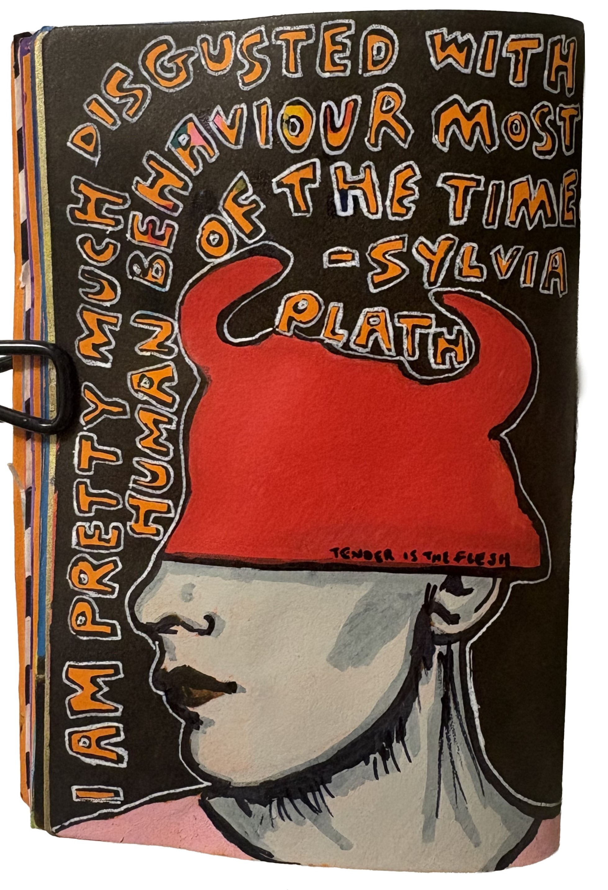 A mixed media art journal illustration of the cover of the novel Tender is the Flesh that I read in April/May next to a quote about human behaviour by Sylvia Plath.