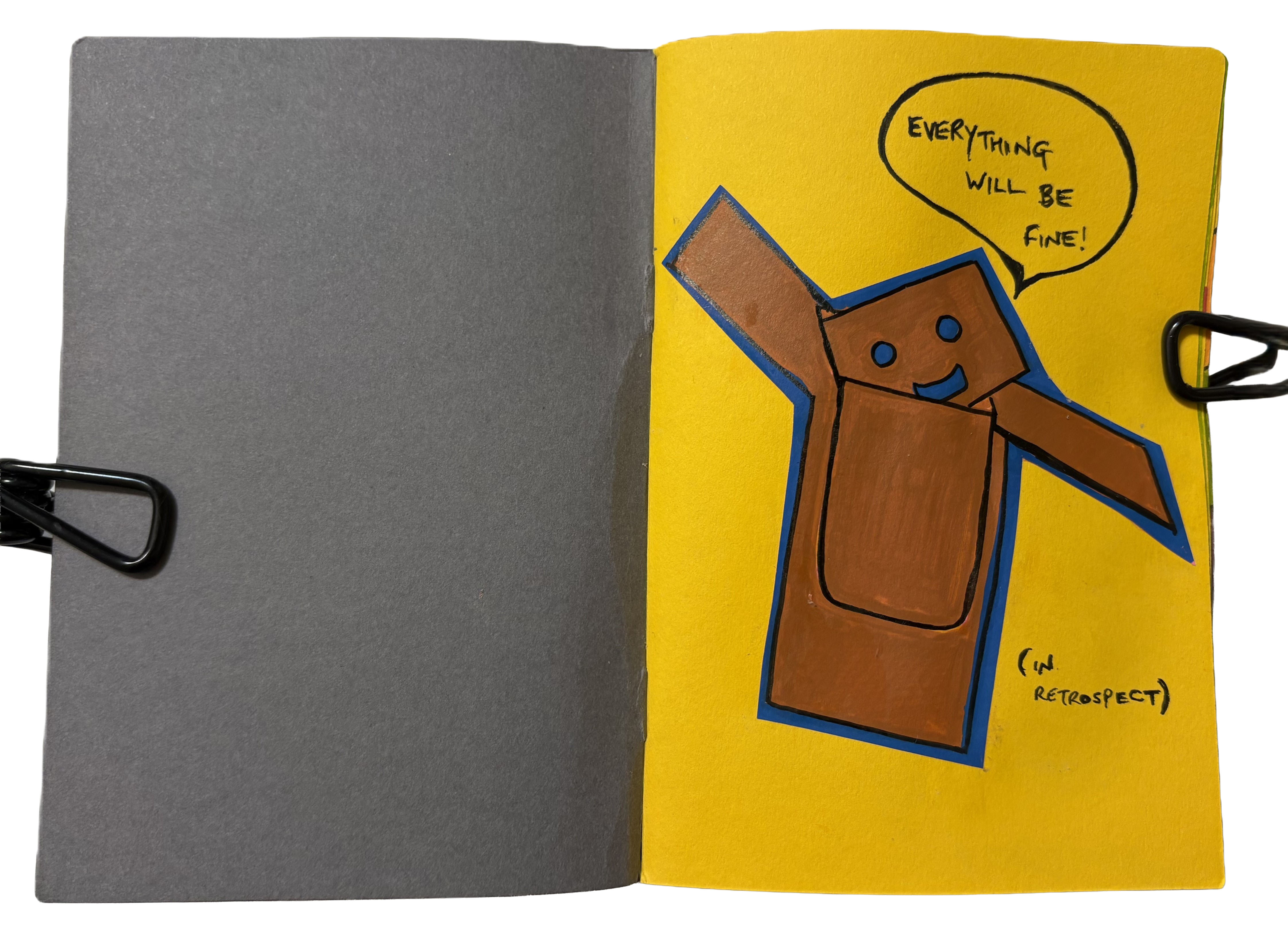 A mixed media art journal page with an illustration of stacked cardboard boxes that looked like a fun cartoon character saying everything will be fine... in restrospect.