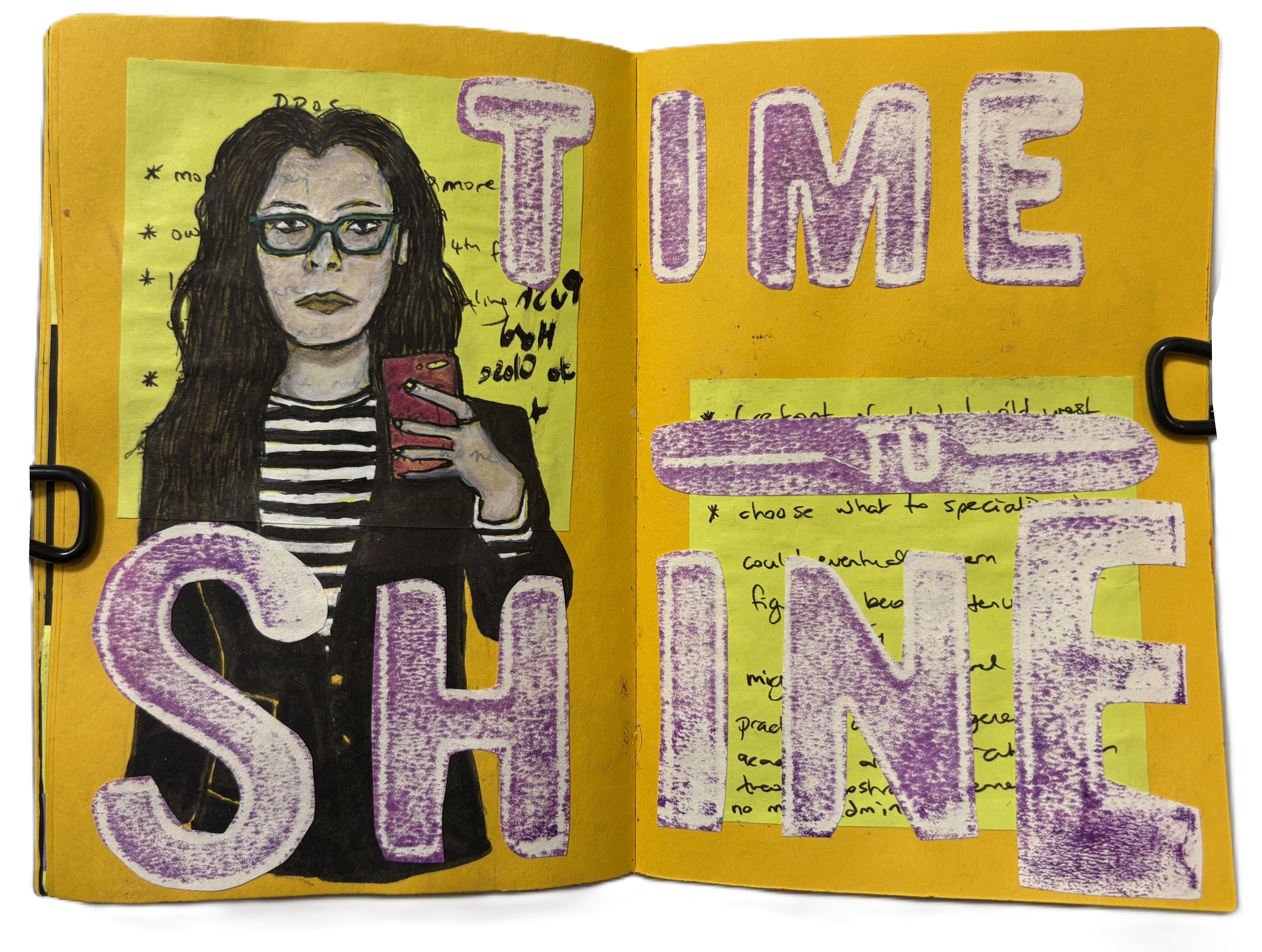 An illustrated art journal page of the artist taking a mirror selfie with a phone in a dressing room, looking nervous against a pros list on post-it notes. There are collaged mono-printed words that say, time to shine.