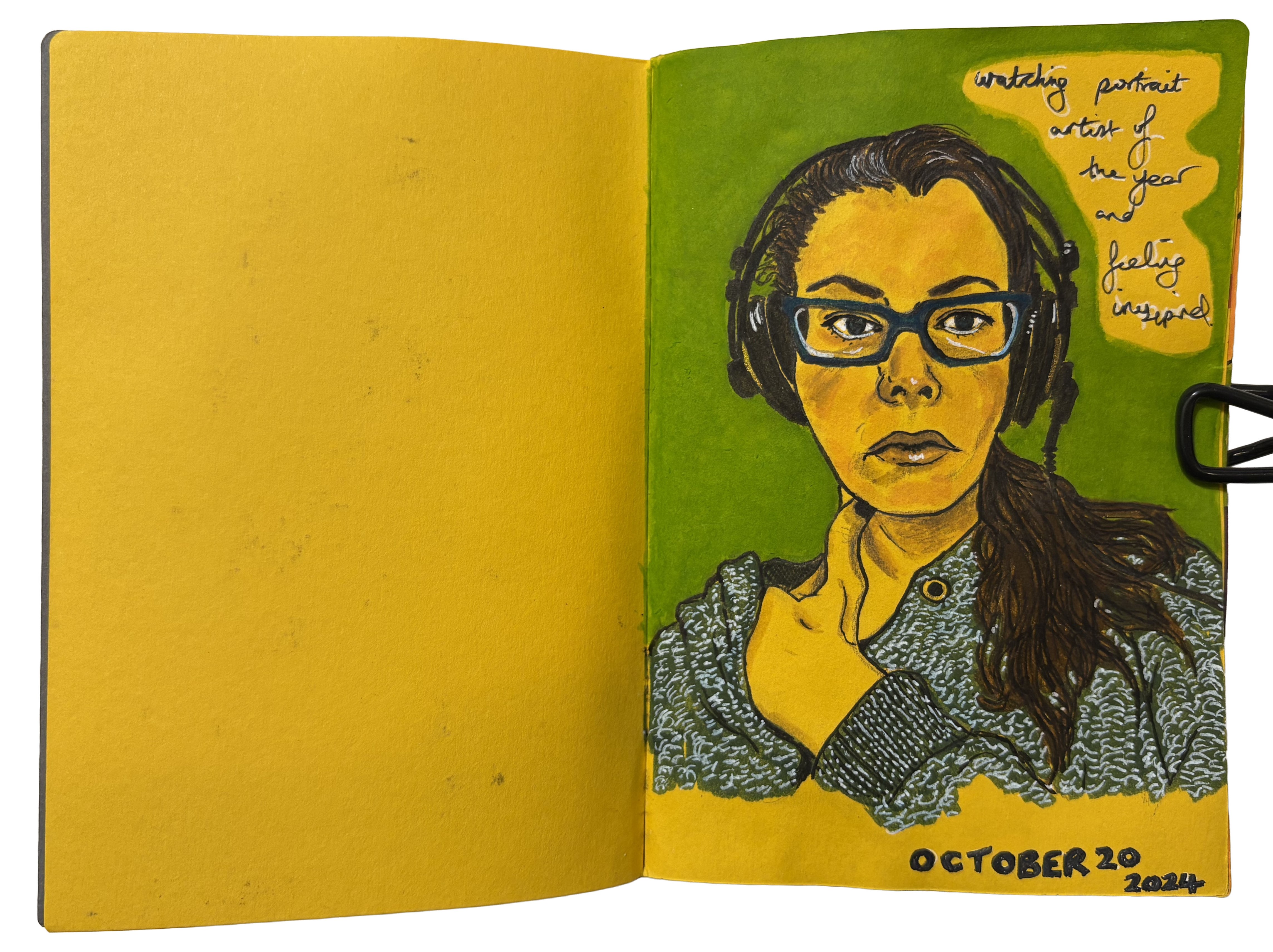 An illustrated art journal page depicting the artist wearing a grey hoodie, blue glasses, and headphones. Handwritten text beside the portrait reads, watching Portrait Artist of the Year and feeling inspired.