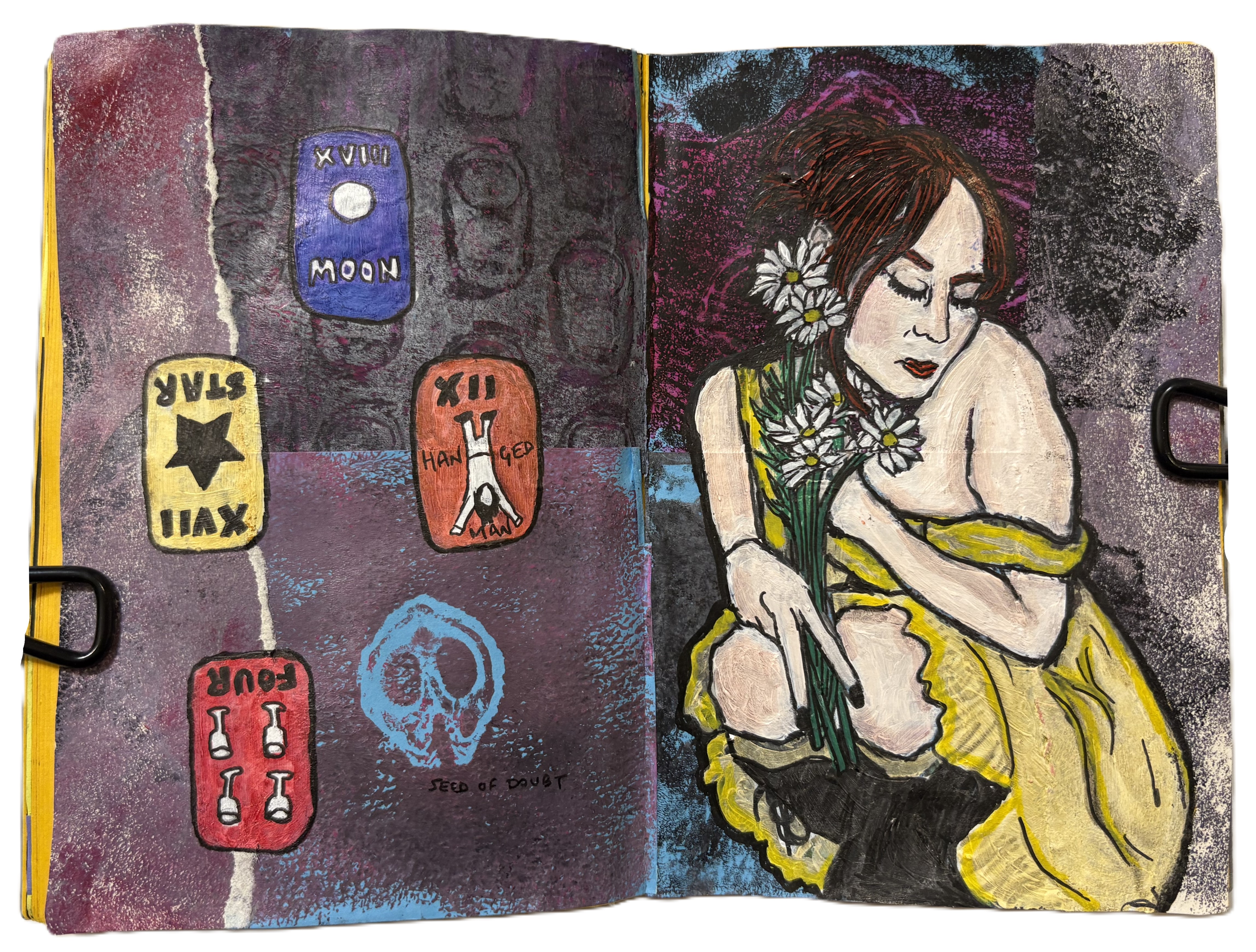 An illustrated art journal page of a tarot card spread and a woman with her eyes closed in a yellow dress crouching and holding white flowers. The background is collage from discarded gelli prints using ring pulls and walnut shells.