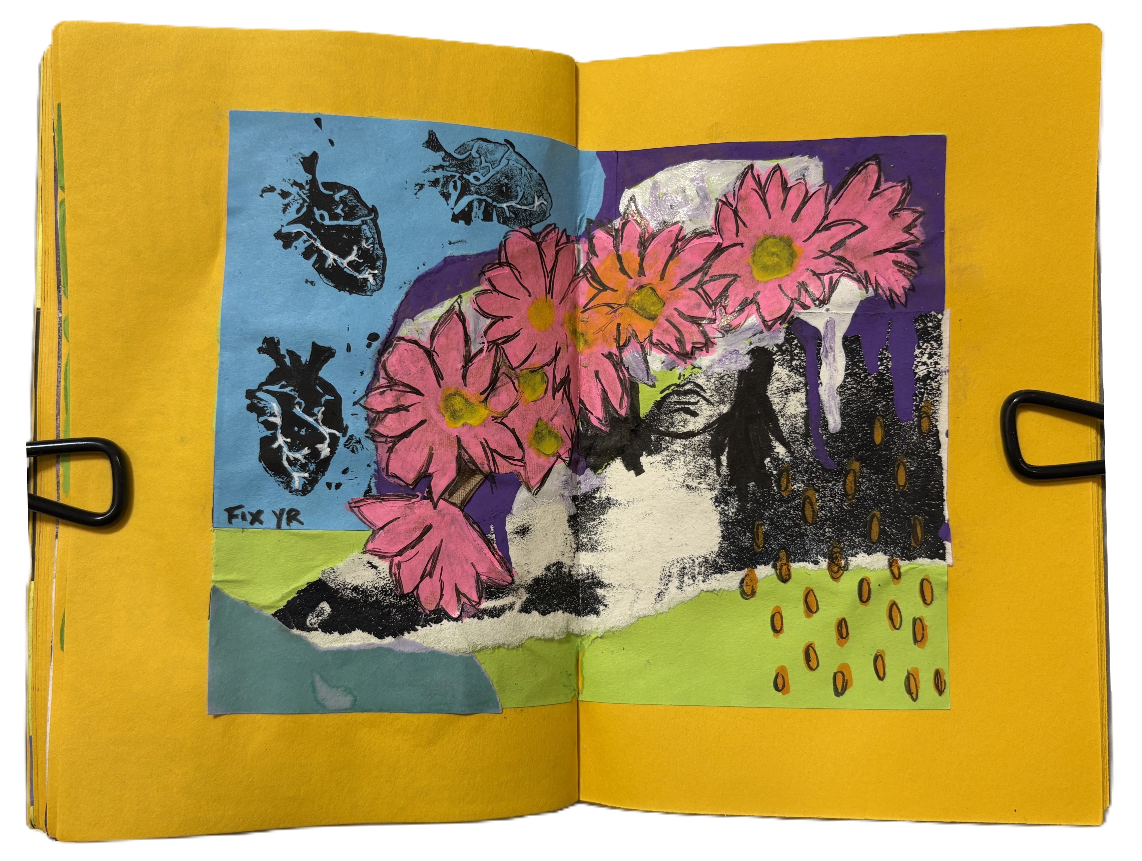 A mixed media art journal page with a collage of colored paper, stamped anatomical hearts, doodled pink flowers, and an illustrated sad looking face in the background. Words say, fix yr. This was originally from a zine I was making.