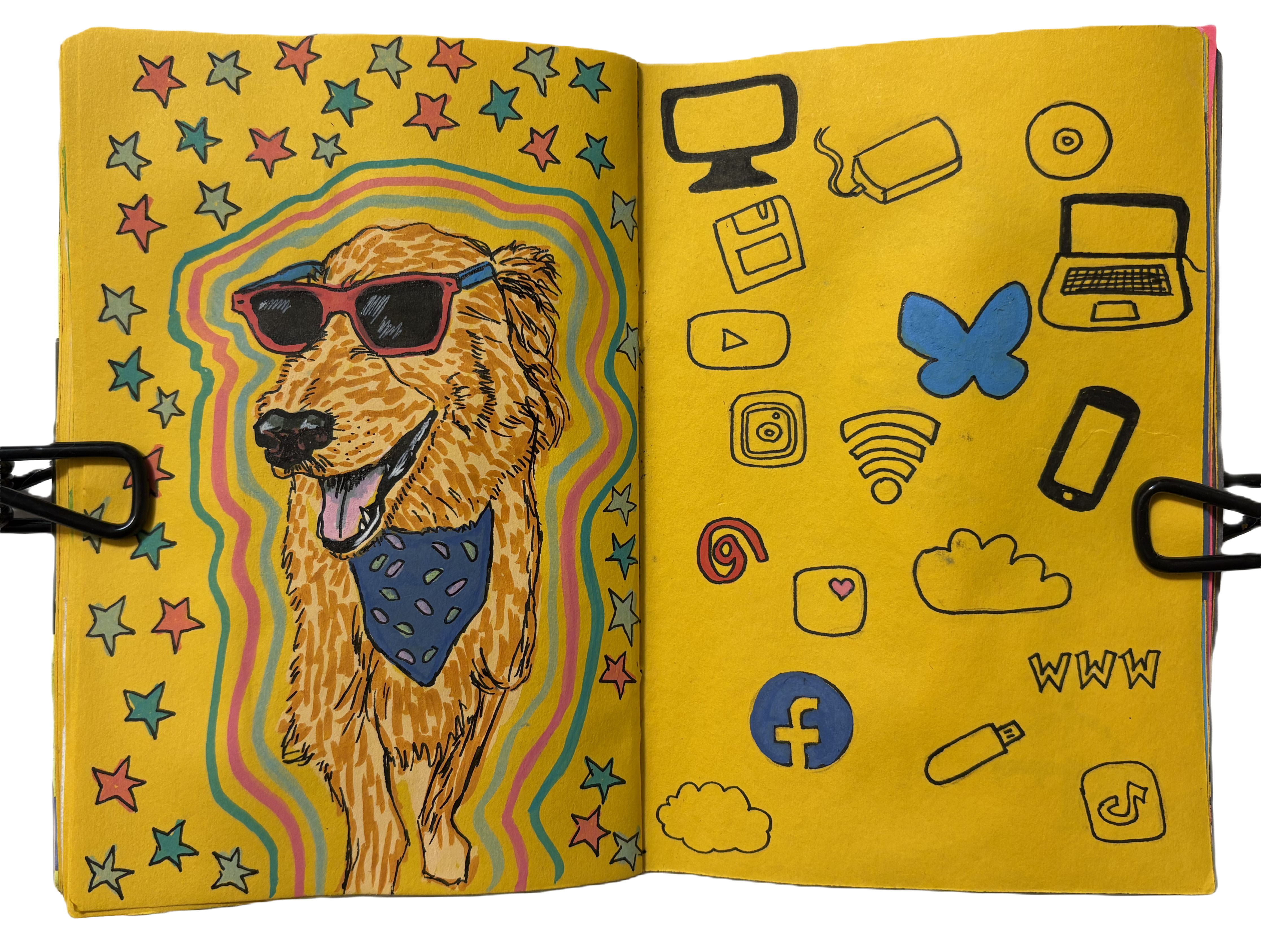 A mixed media art journal page with an illustration of a tan dog wearing sunglasses surrounded by colorful doodles. On the opposite page is doodles of social media icons, technology, and obsolete media that I was testing for a zine.