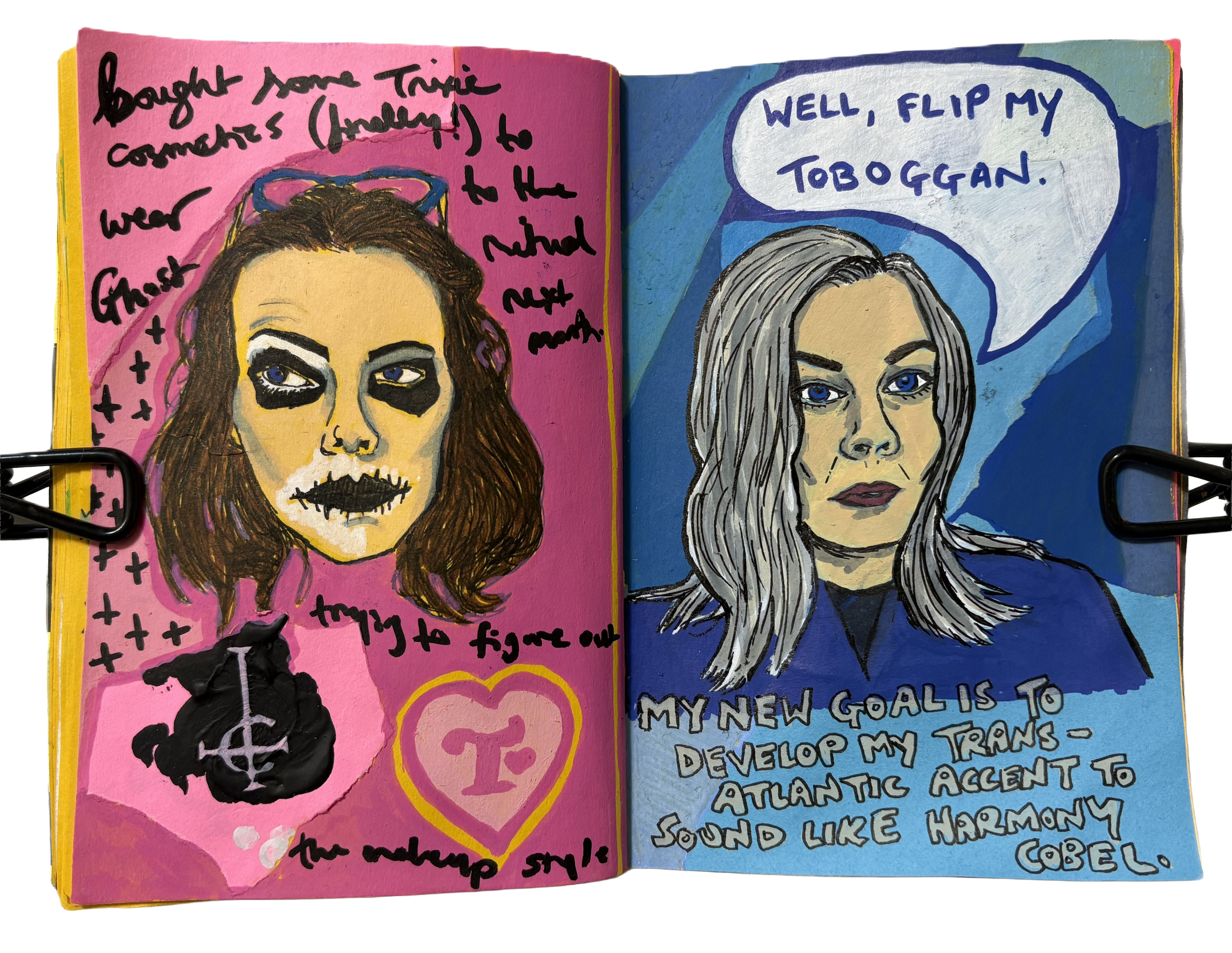A mixed media art journal page with an illustration of myself testing out Trixie Cosmetics and skeletal makeup for the Ghost concert I was attending. On the opposite page is a drawing of myself as Harmony Cobel from the television show Severance saying, Well, flip my toboggan in a transatlantic accent.