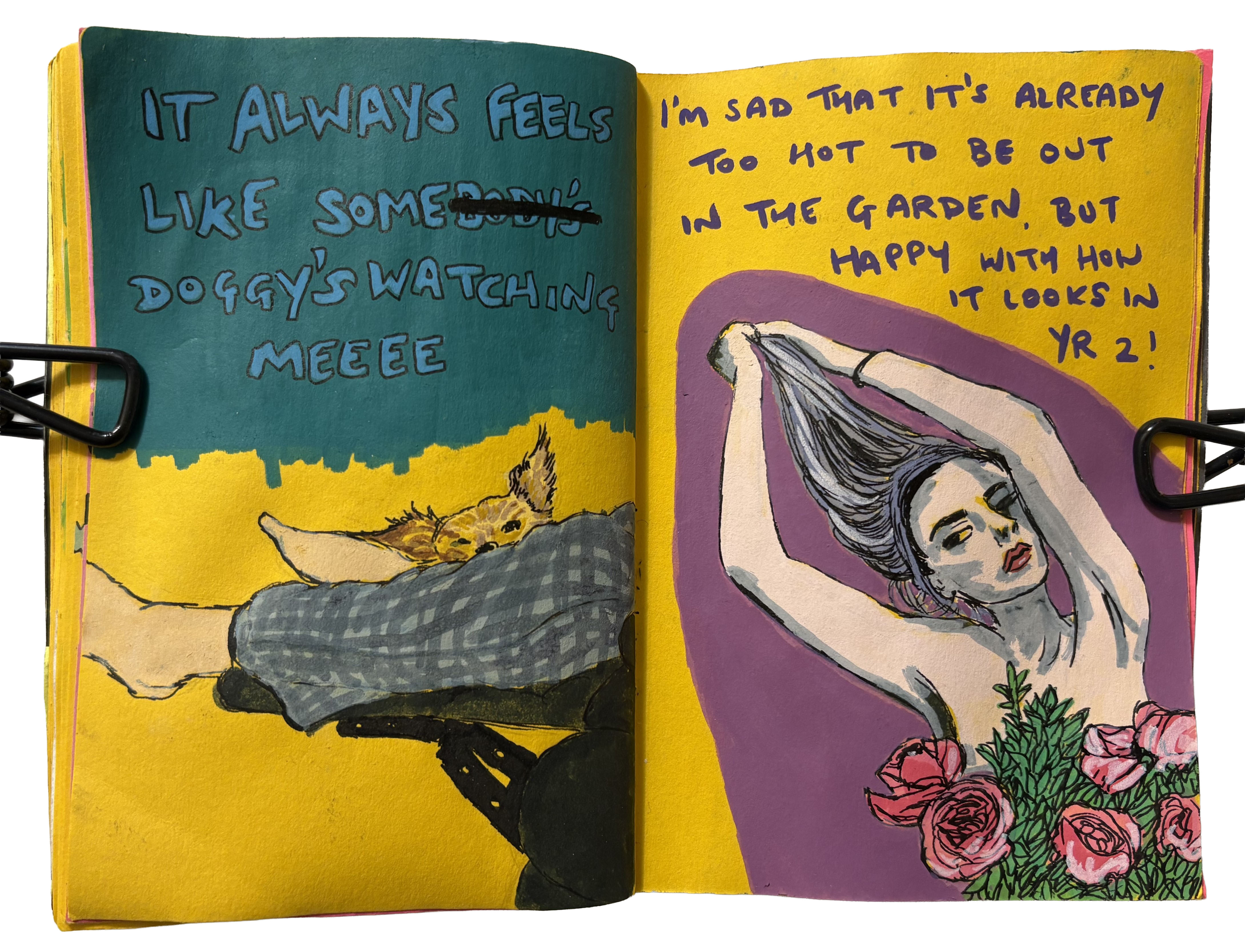 A mixed media art journal page with an illustration on the left of my dog staring at me from across the room over my husband's legs. Modified lyrics by Rockwell are above to say, It always feels like some doggy's watching me. On the right is a drawing of a nude woman covered in flowers, pulling her hair towards the sky. Handwriting above her is about gardening.