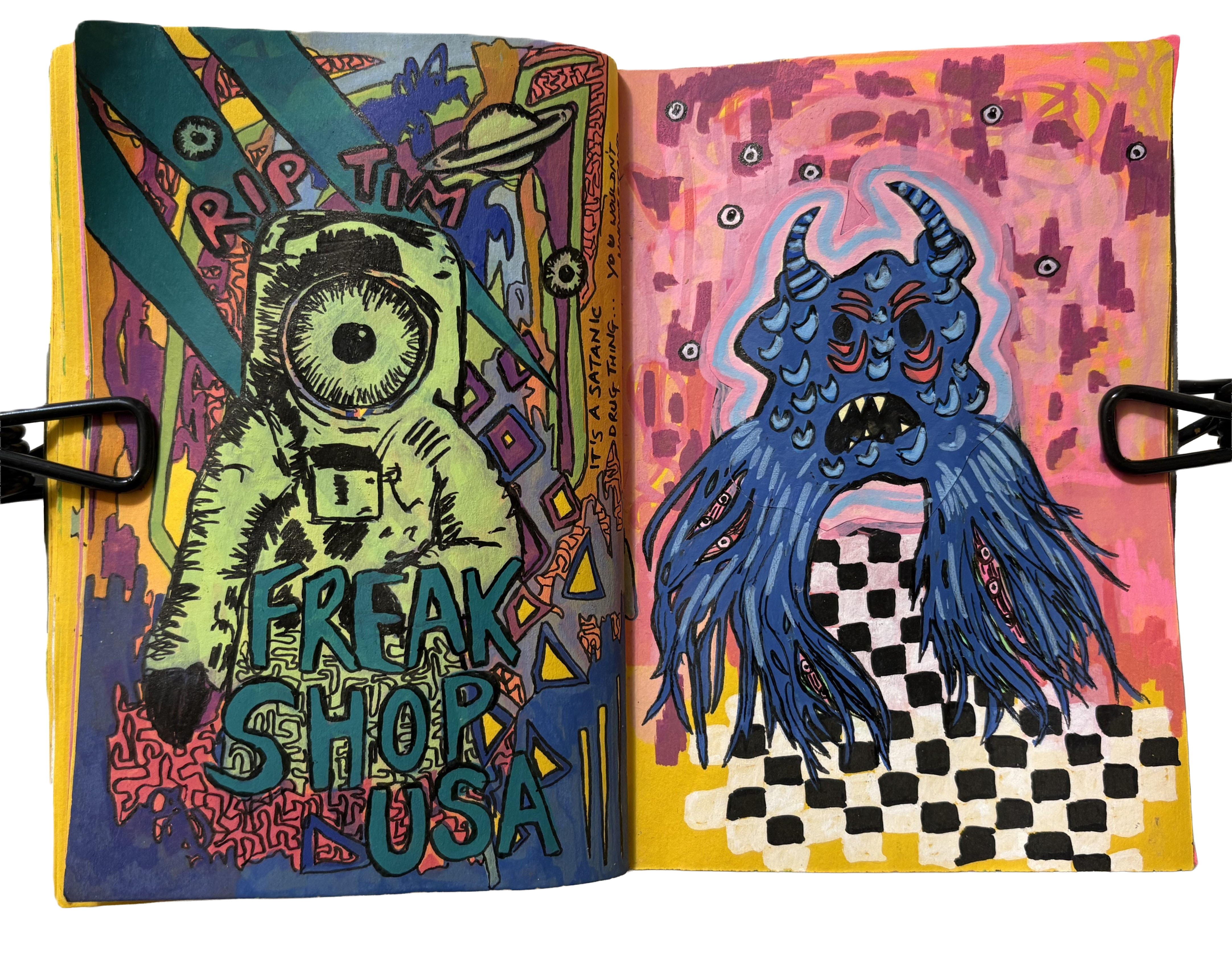 A mixed media art journal page with an illustration of a weird astronaut from an old Monster Magnet zine in tribute to Tim Cronin with doodles surrounding it. On the opposite page is a weird blue monster surrounded by doodles.