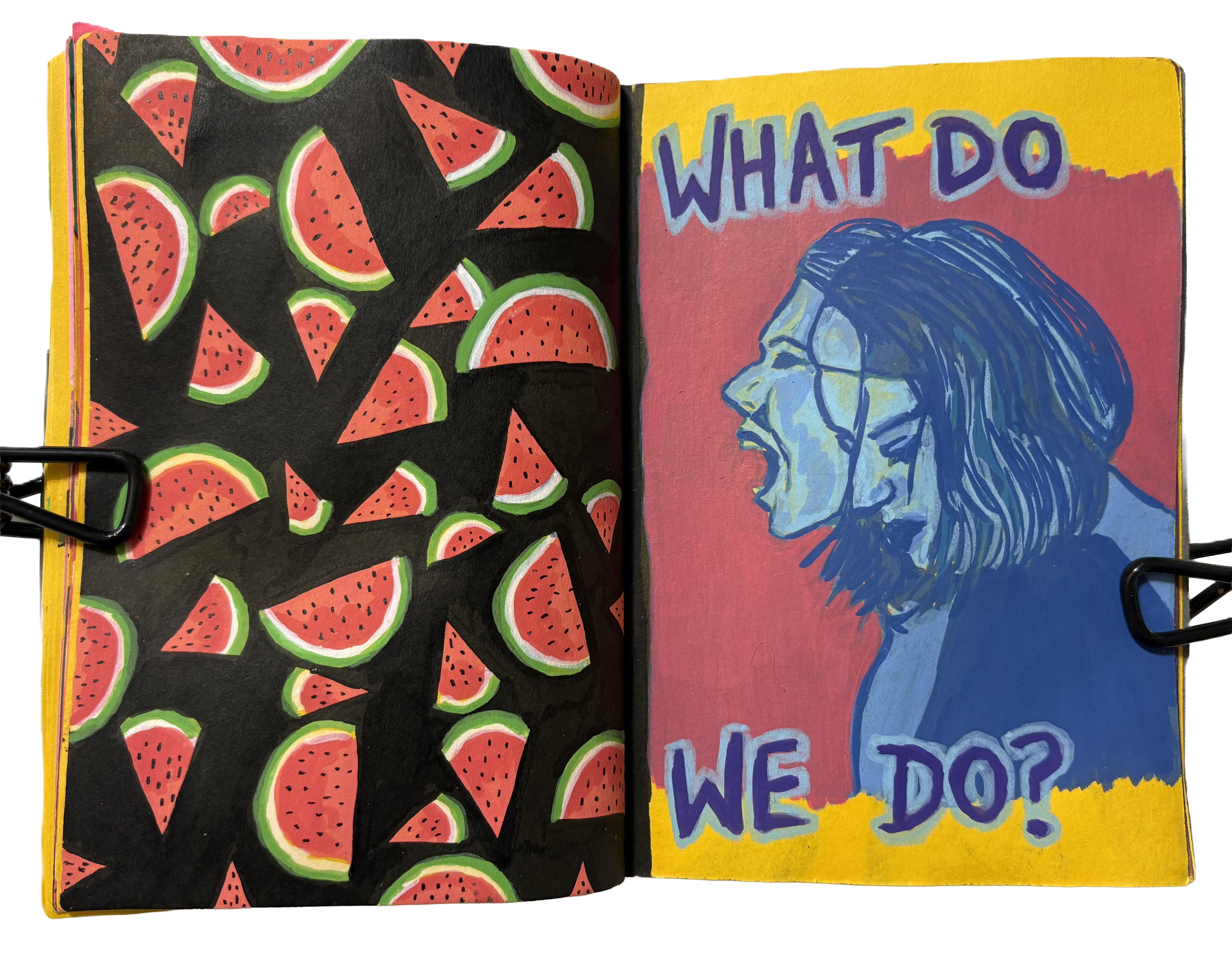 A mixed media art journal page with an illustration on the left of patterned watermelon slices against a black background. On the right is a double exposure drawing of a blue woman looking down and herself screaming with the words, What do we do? next to her.