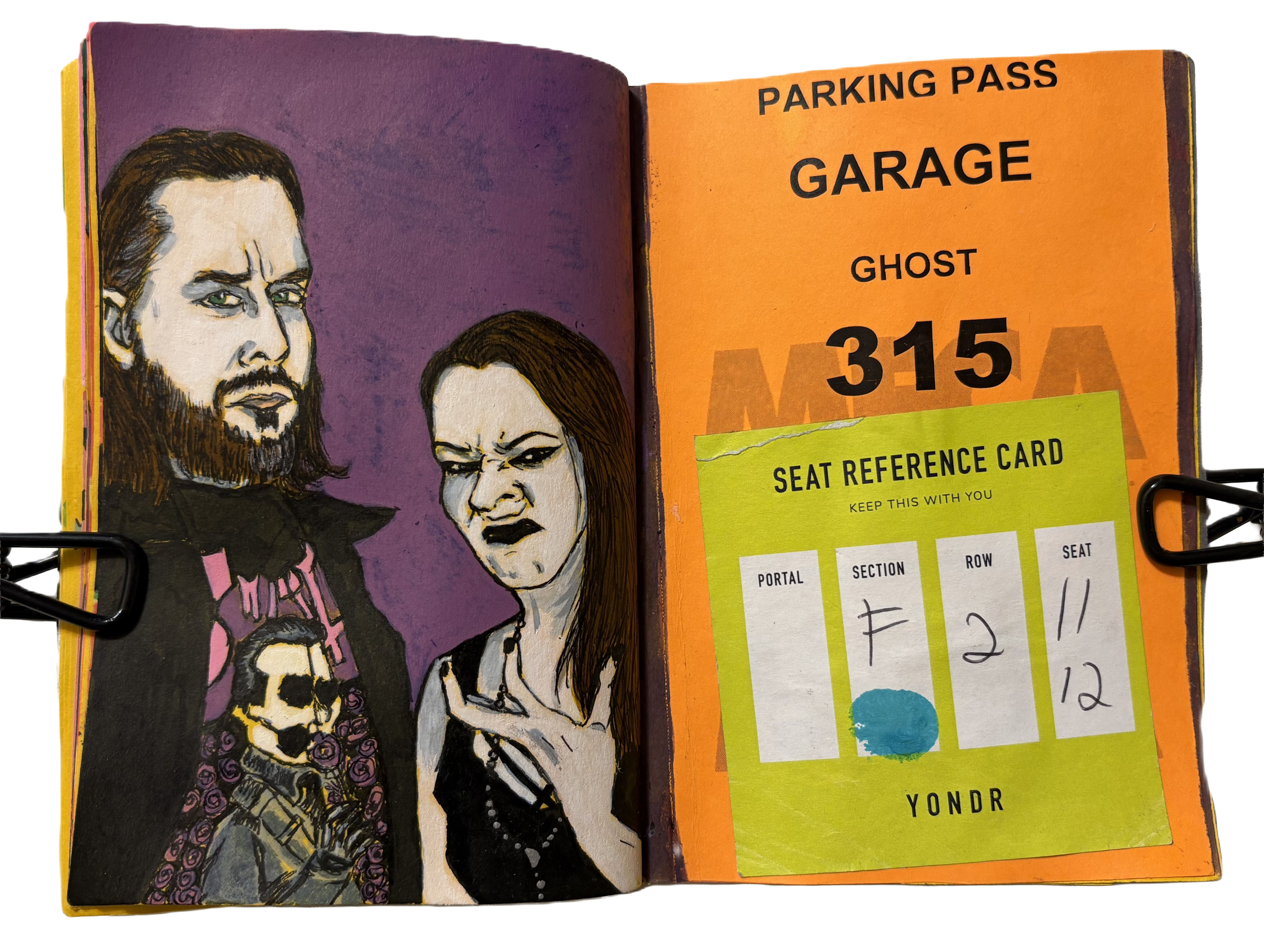 A mixed media art journal page with an illustration of myself and my husband all gothed up to see the band Ghost live. The opposite page has ephemera from the concert.