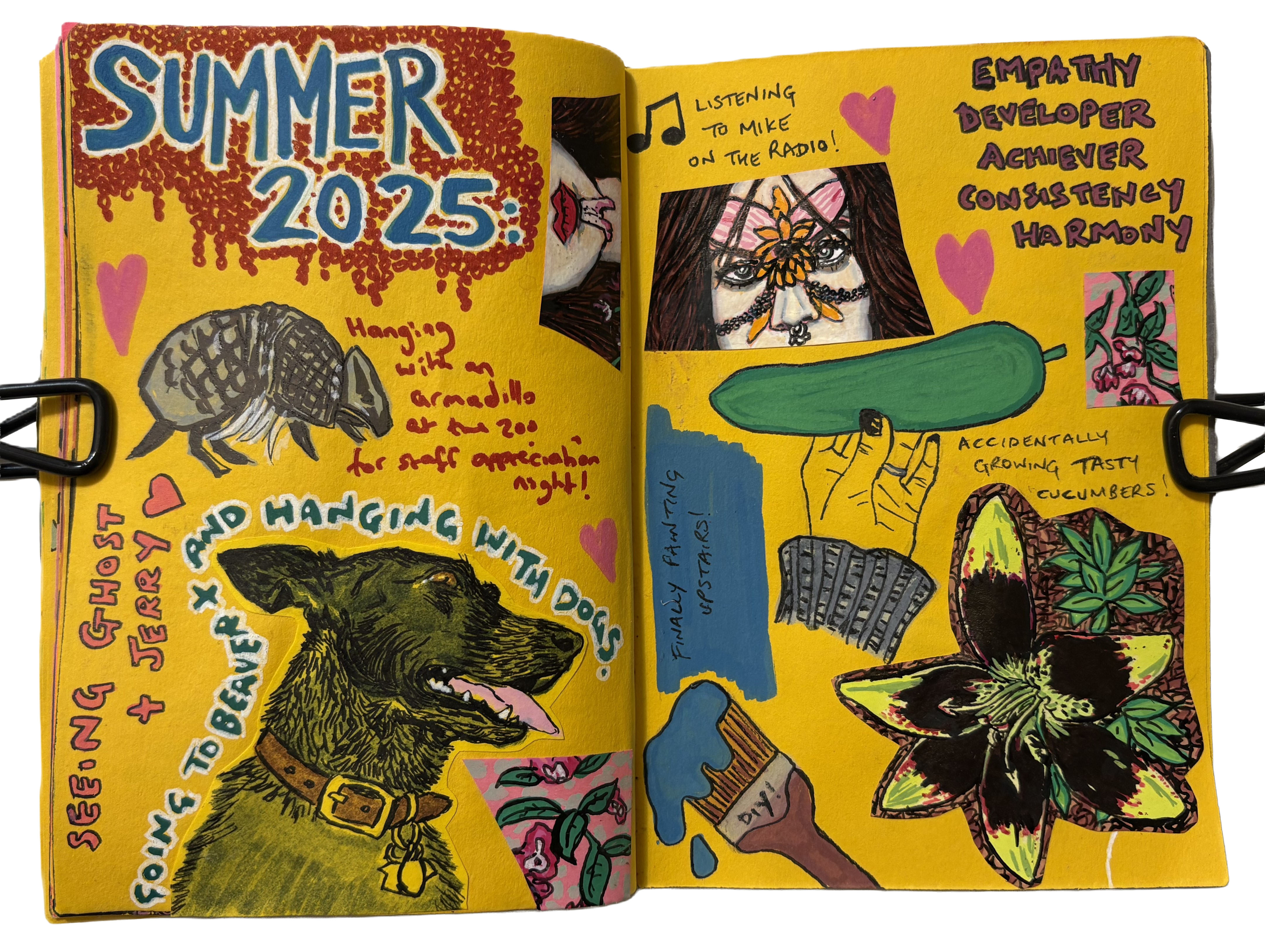 A mixed media art journal page with illustrations from my summer including an armadillo at the zoo, a black and white dog, my hand holding a home grown cucumber, a paintbrush painting a wall, a lily growing in my yard, and a woman with flowers on her face.