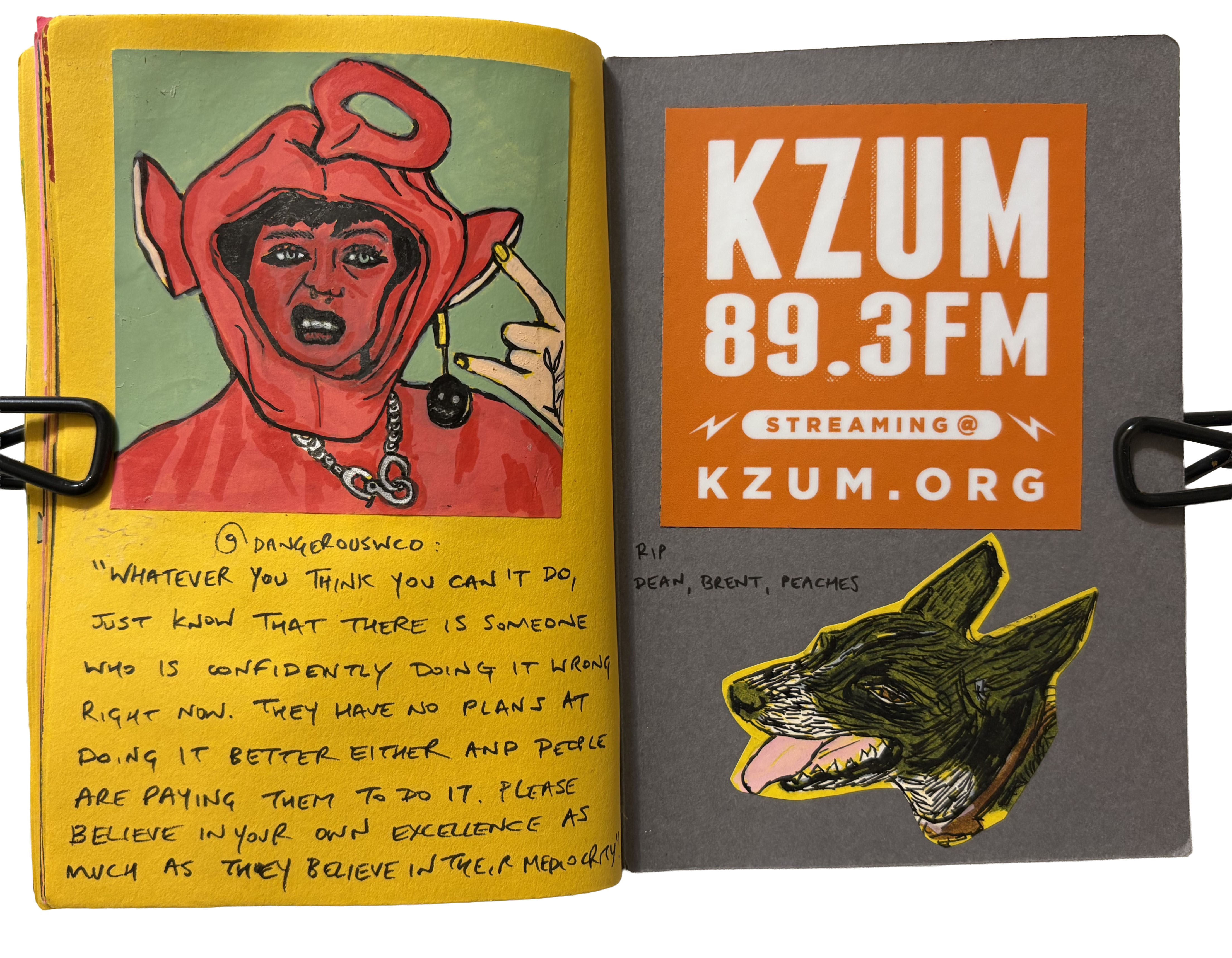 A mixed media art journal page with an illustration of a woman pulling a face in a red teletubby costume with a quote about impostor syndrome underneath. The right side has a public radio sticker and a drawing of a black and white dog.