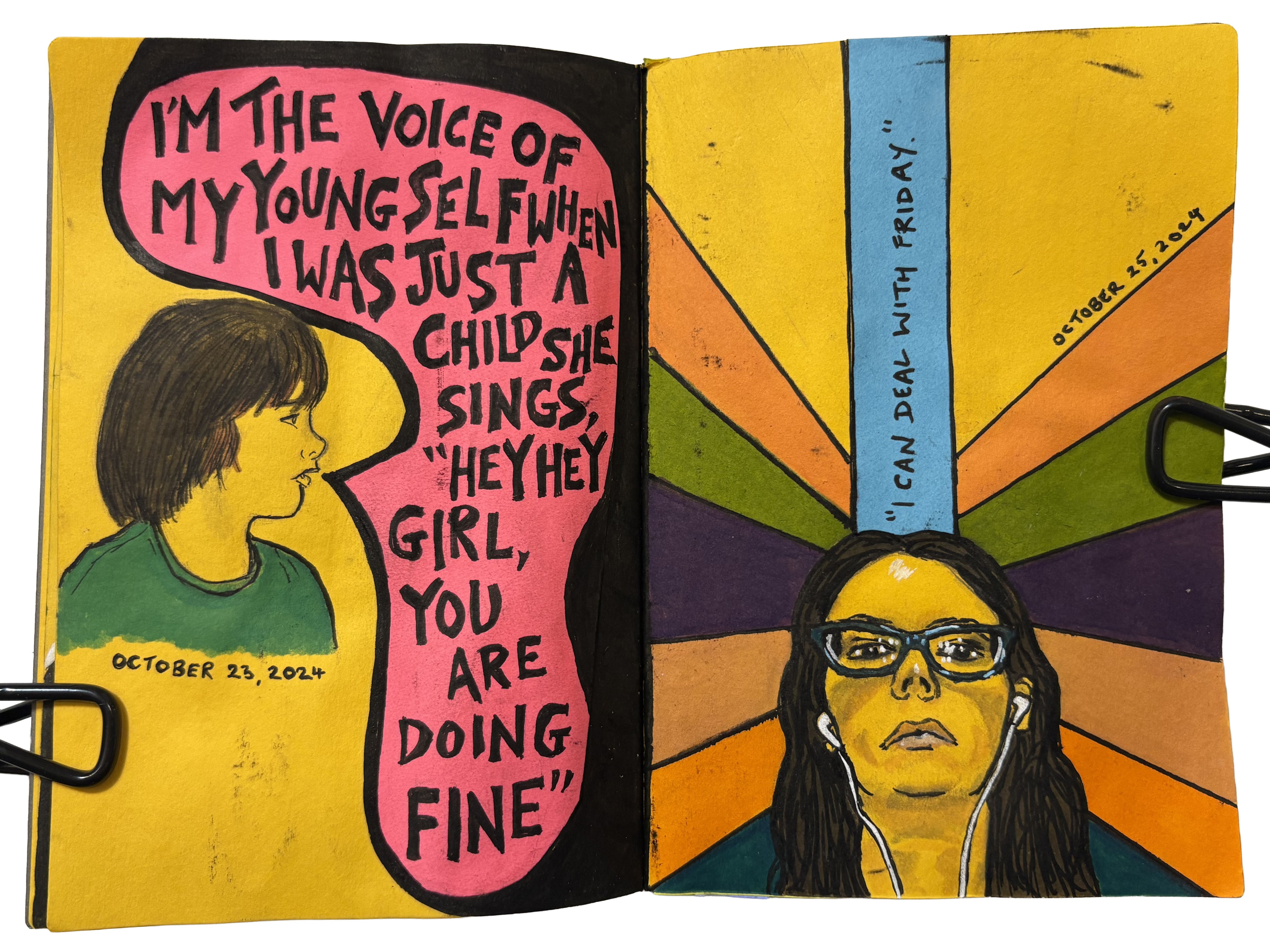 A mixed media art journal page with an illustration of myself as a child singing the lyrics to Chewing Gum by Amyl and the Sniffers next to an illustration of myself listening to music in work with words above my head, I can deal with Friday.